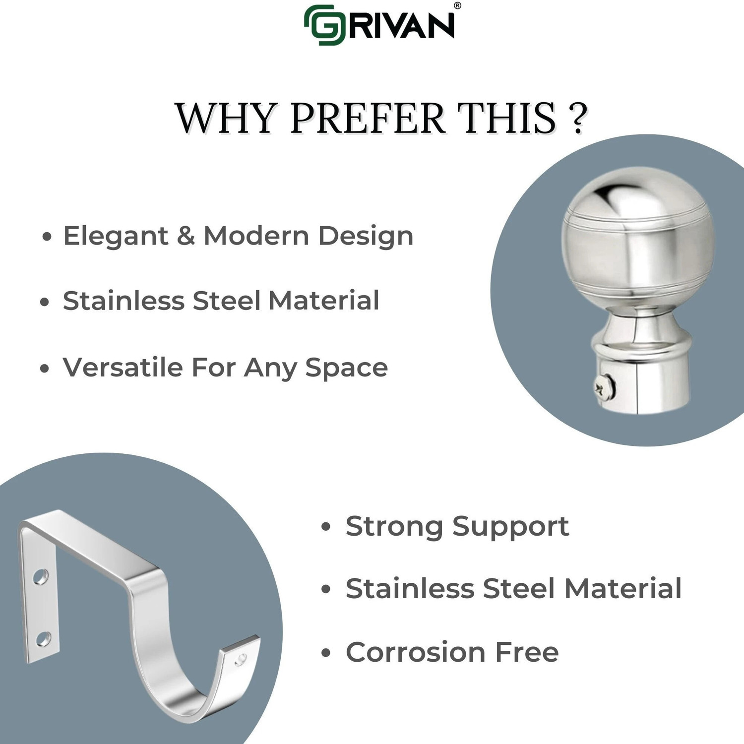 Image of GRIVAN Silver Rod Rail Bracket, Curtain Knobs, Curtain Hooks Metal