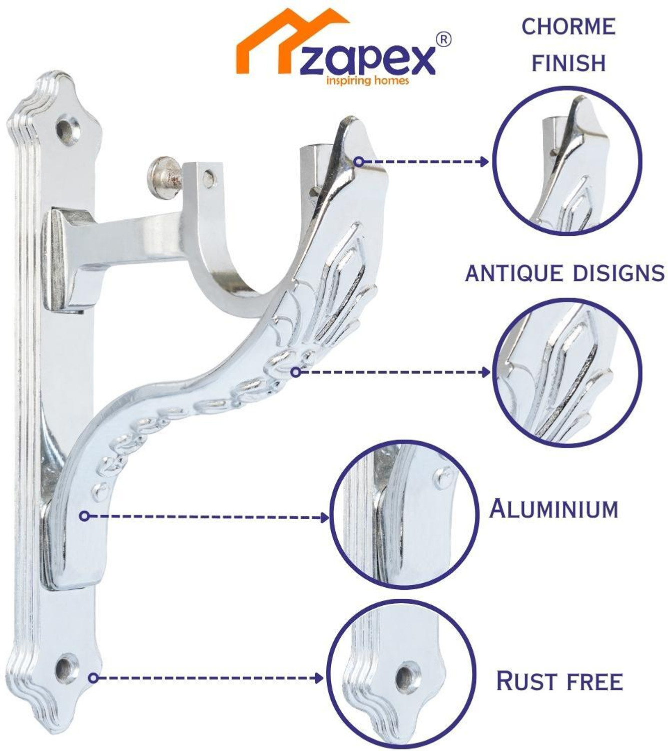 Image of ZAPEX Silver Rod Rail Bracket, Curtain Knobs Metal