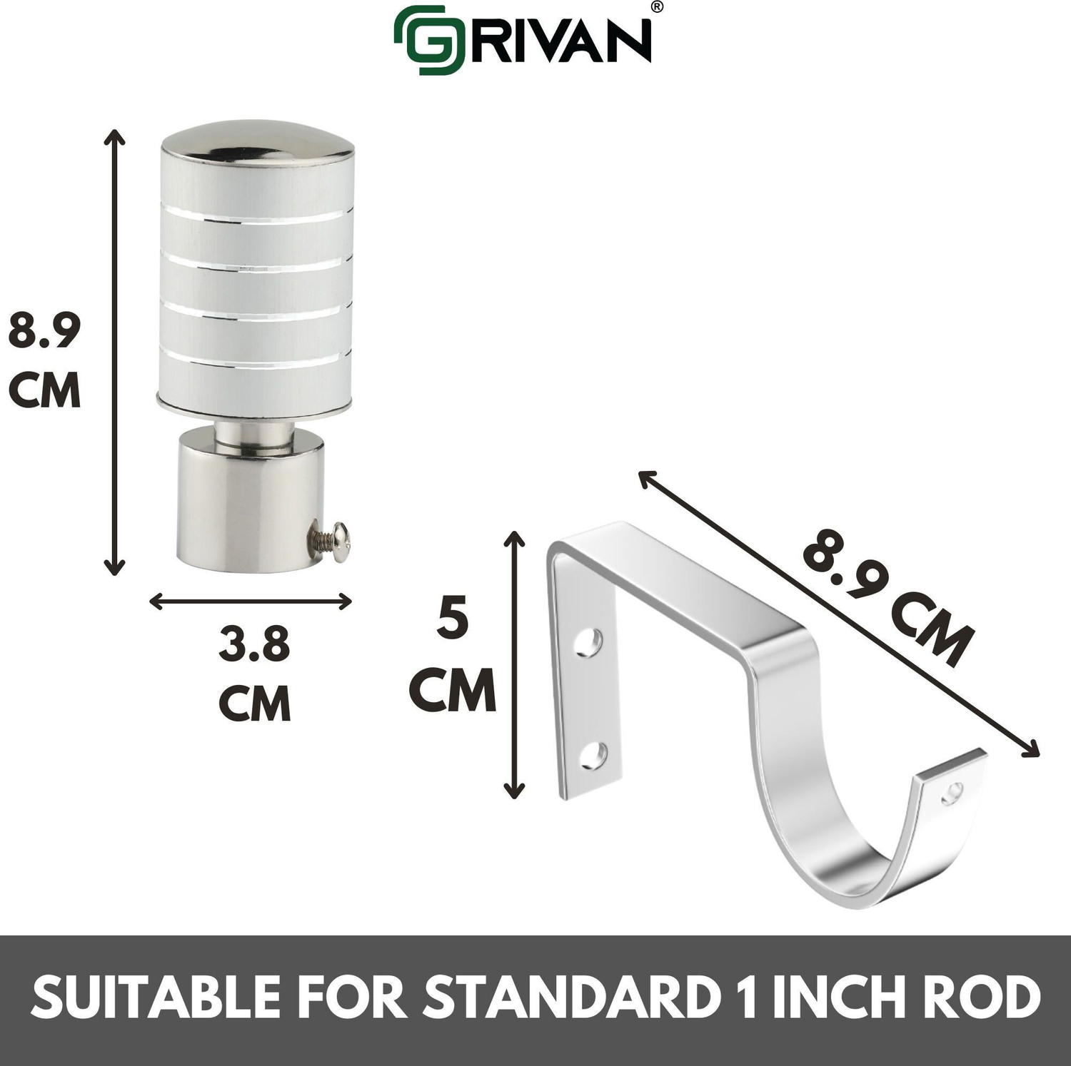 Image of GRIVAN Silver, Grey Rod Rail Bracket, Curtain Knobs, Curtain Hooks Metal