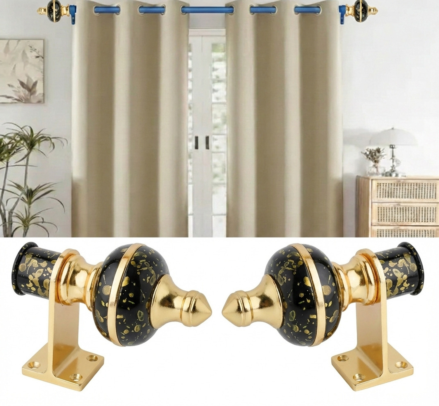 Image of GROWNIX Black Rod Rail Bracket, Curtain Hooks, Curtain Rods, Curtain Knobs Metal