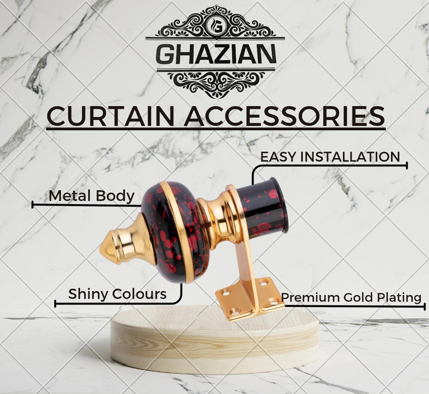 Image of Ghazian Red, Black, Gold Curtain Knobs, Rod Rail Bracket Metal