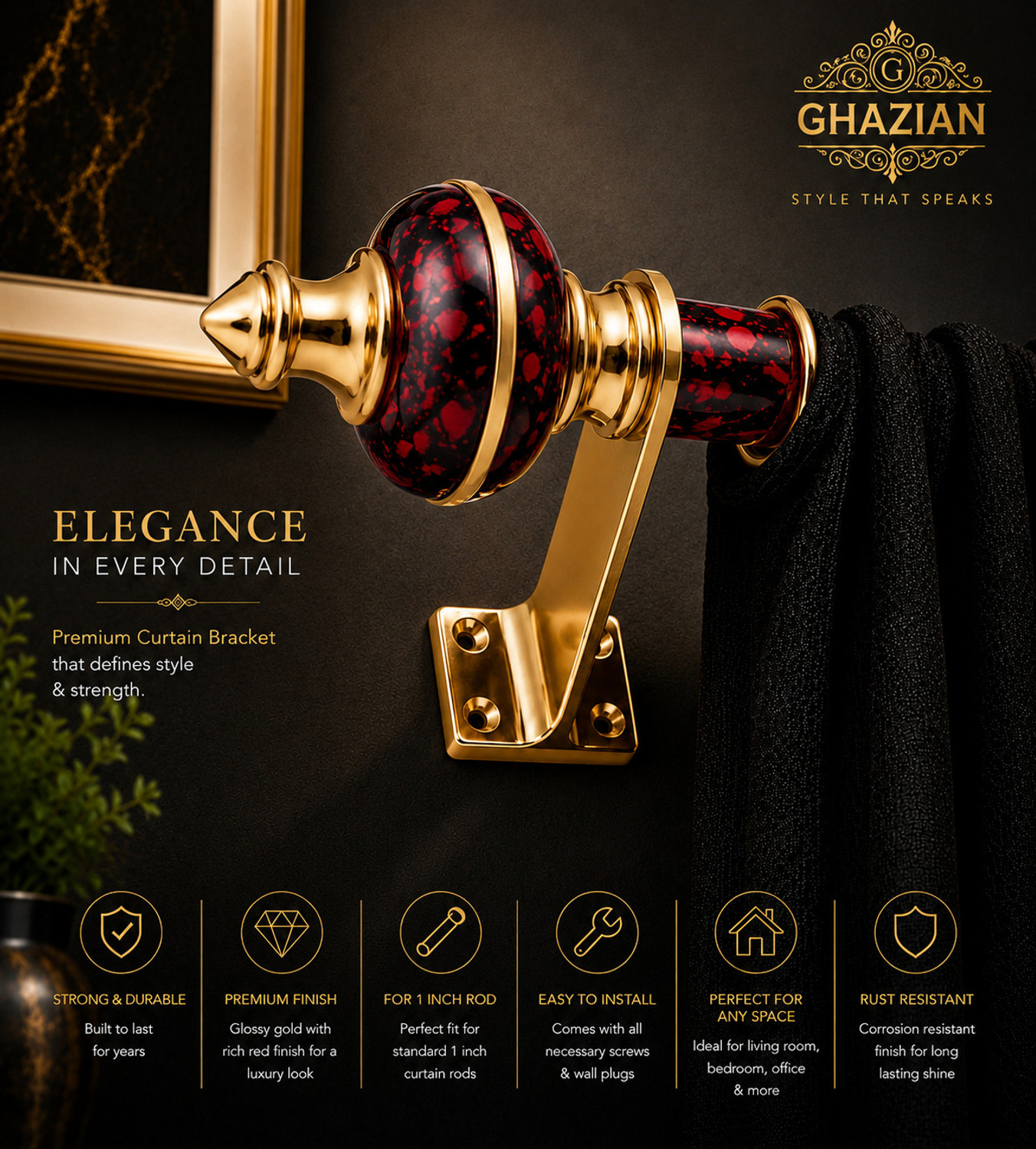 Image of Ghazian Red, Black, Gold Curtain Knobs, Rod Rail Bracket Metal