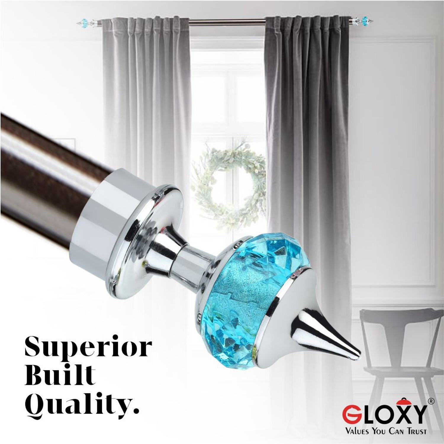 Image of GLOXY Light Blue, Silver Rod Rail Bracket, Curtain Knobs, Curtain Hooks, Curtain Rods Metal