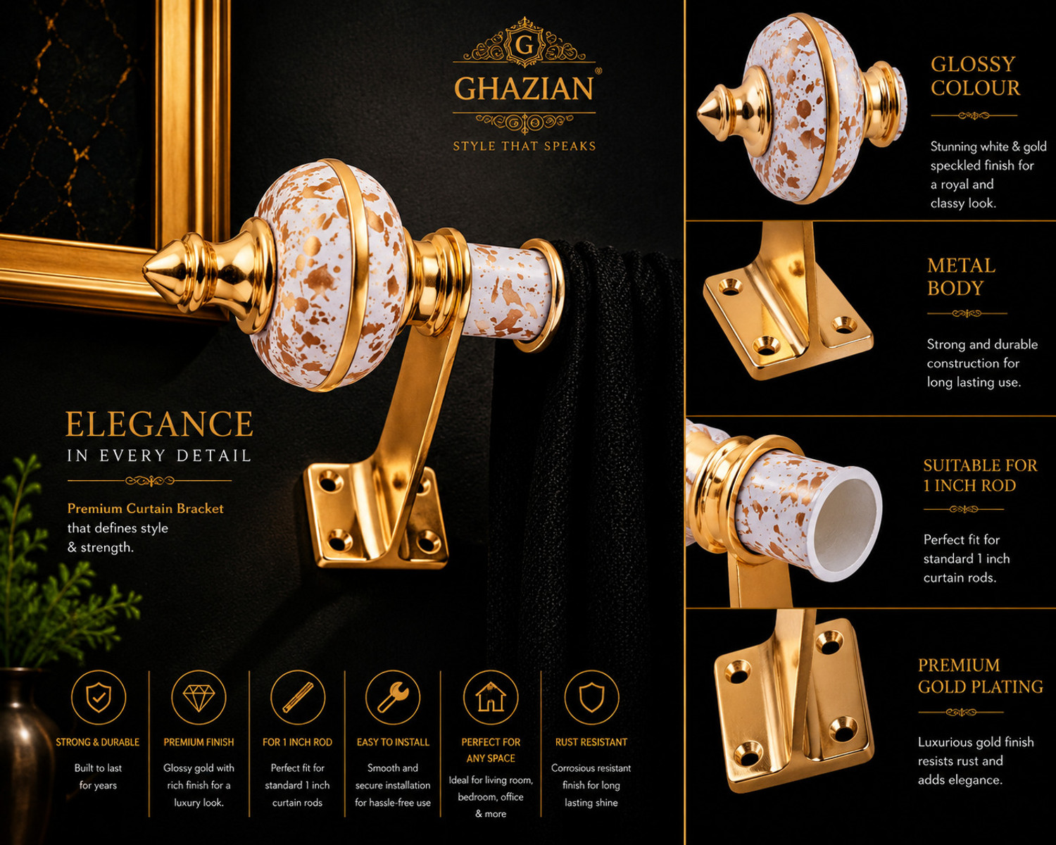 Image of Ghazian White, Gold Curtain Knobs, Rod Rail Bracket Metal