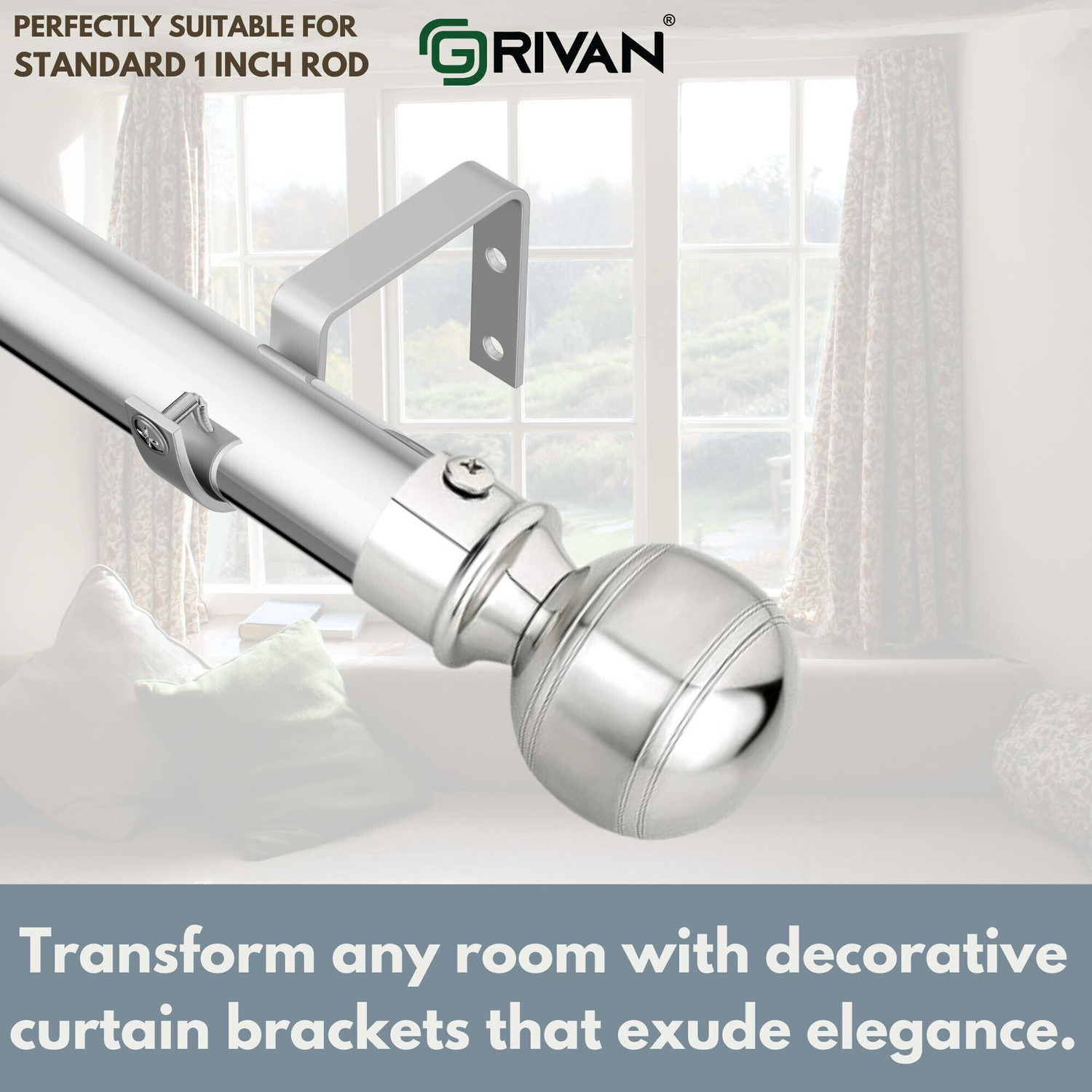 Image of GRIVAN Silver Rod Rail Bracket, Curtain Knobs, Curtain Hooks Metal