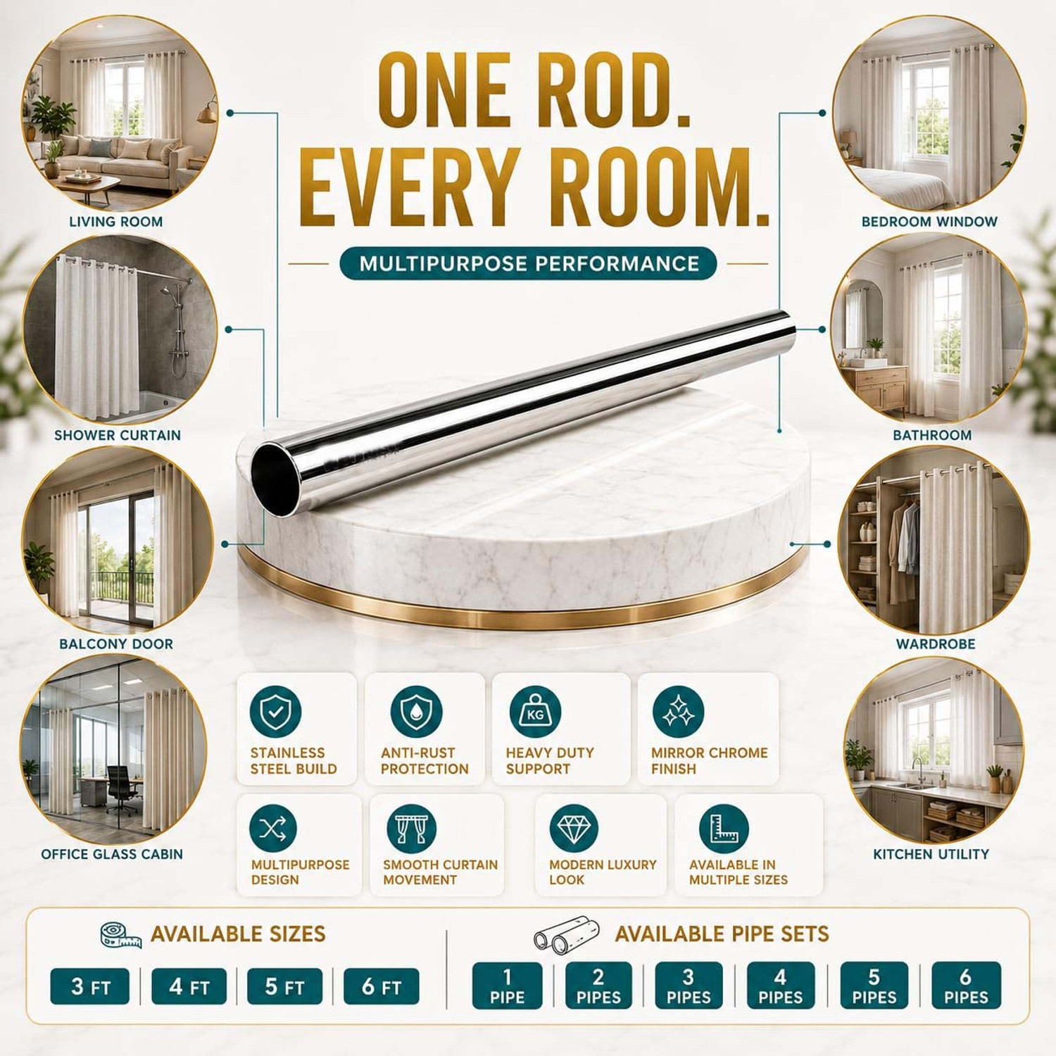 Image of QUXOZO Silver Curtain Rods Metal