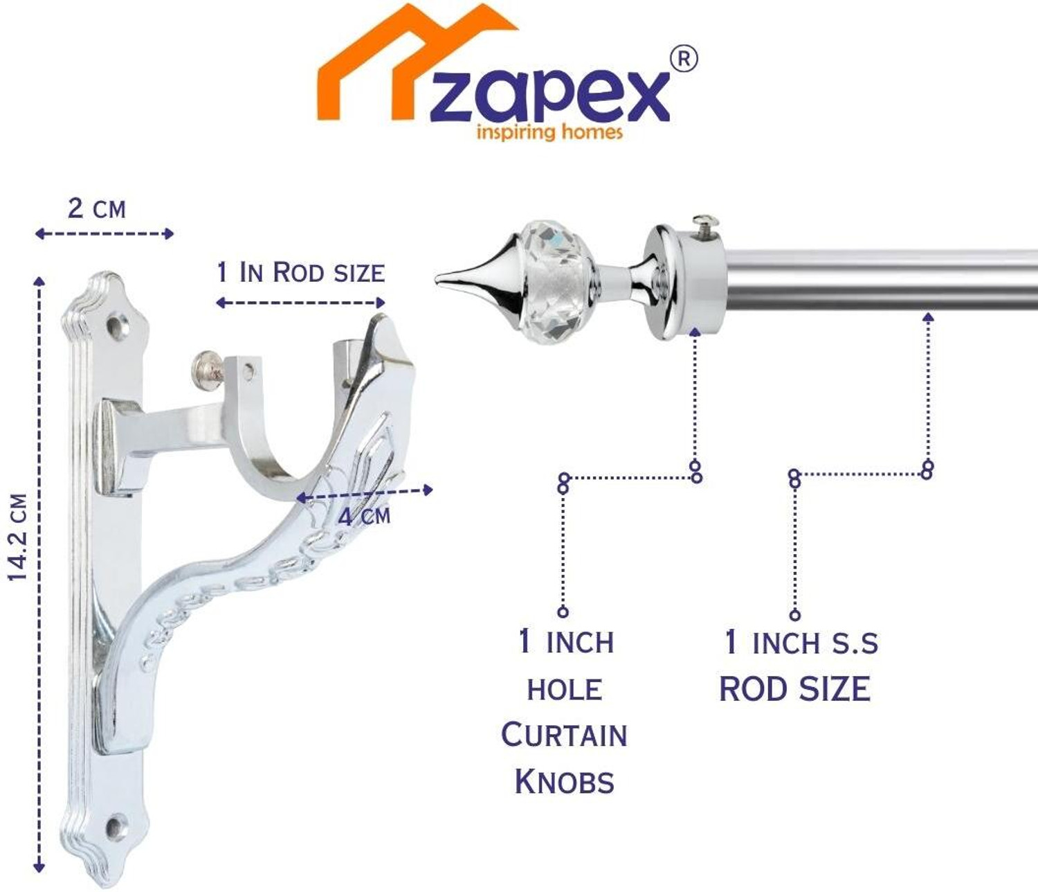 Image of ZAPEX Silver Rod Rail Bracket, Curtain Knobs Metal