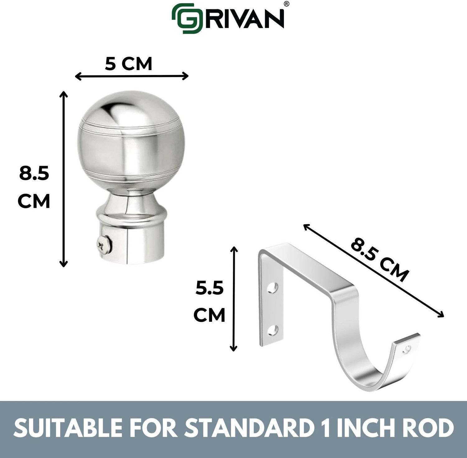 Image of GRIVAN Silver Rod Rail Bracket, Curtain Knobs, Curtain Hooks Metal