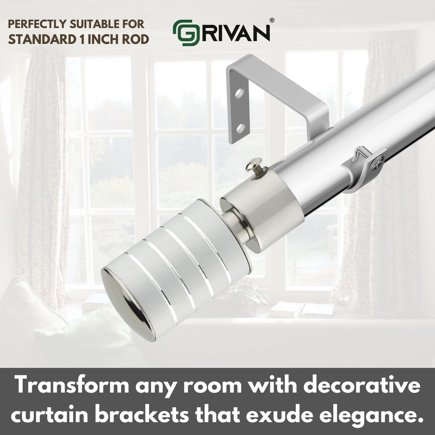 Image of GRIVAN Silver, Grey Rod Rail Bracket, Curtain Knobs, Curtain Hooks Metal