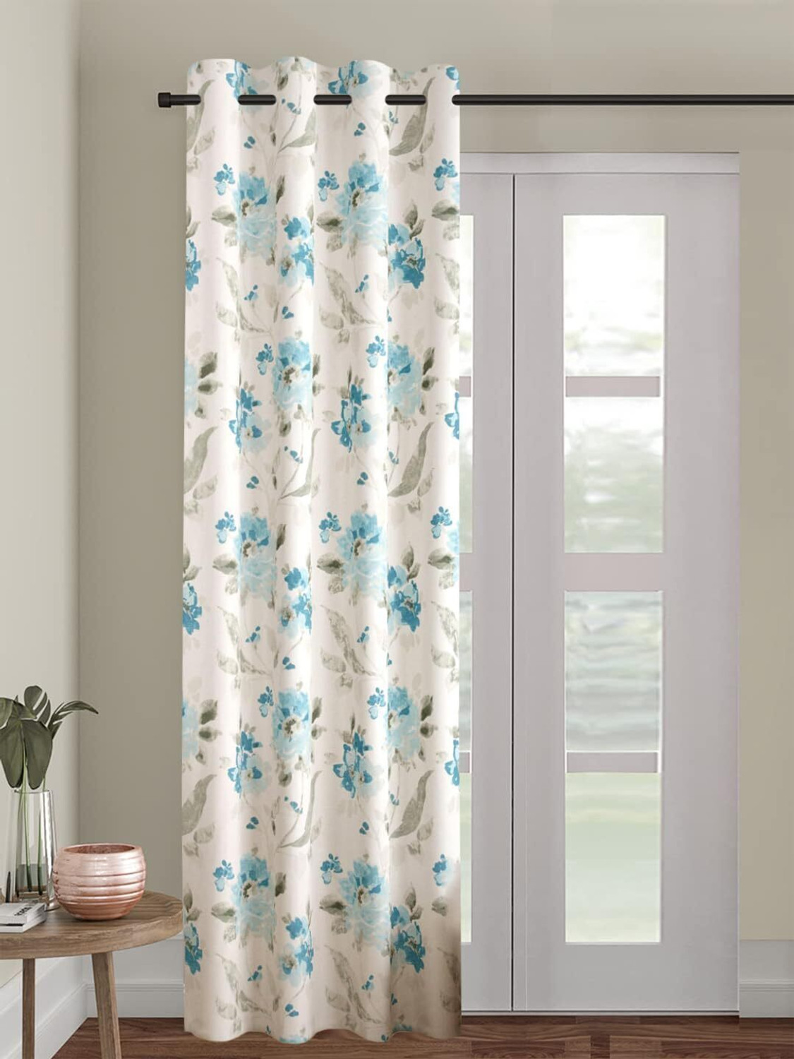 Image of Trance Home Linen 213.36 cm (7 ft) Door Cotton Semi Transparent Curtain Single Curtain (Tashi Blue, Printed)