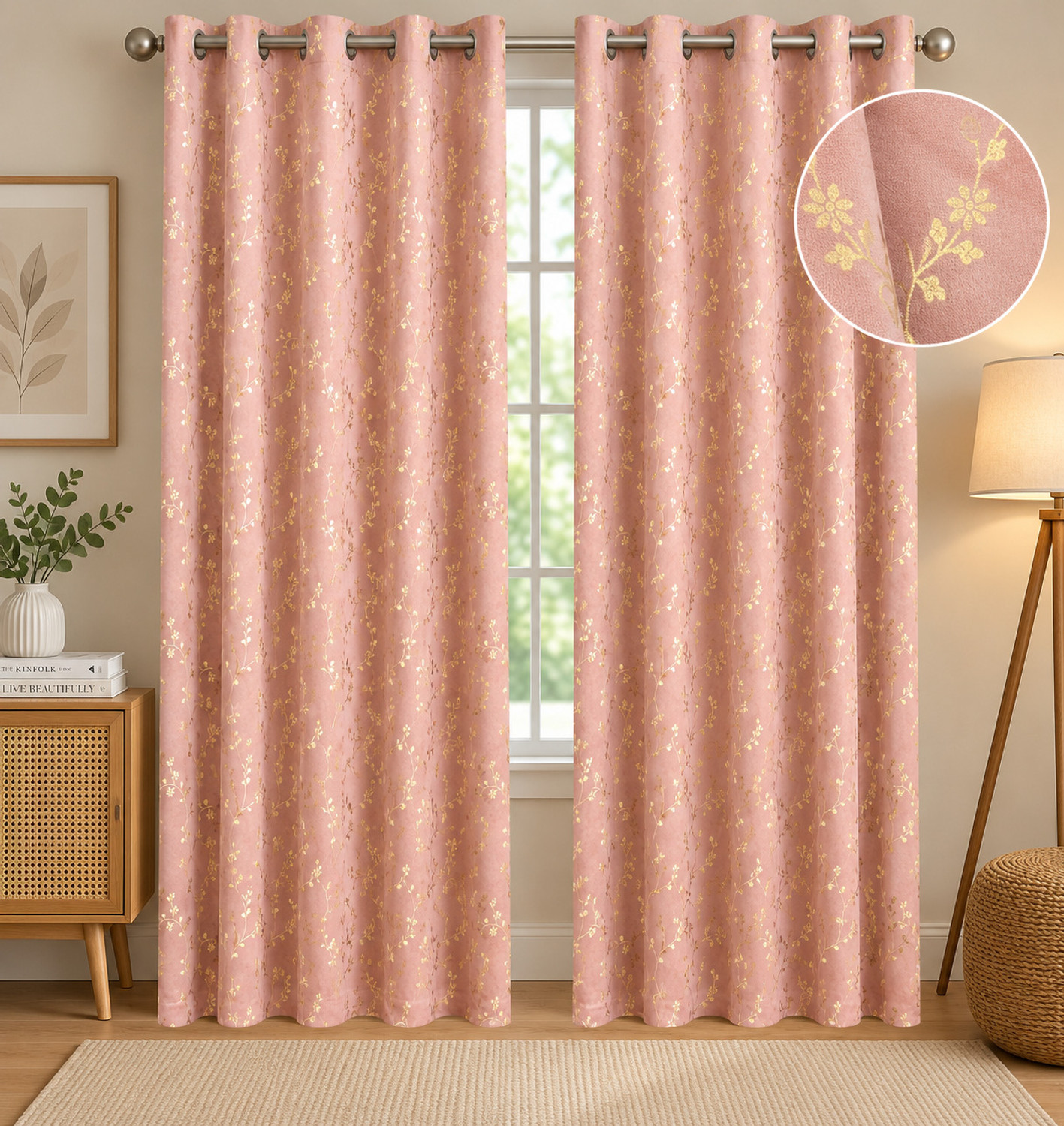 Image of S.M.F.DECOR 213 cm (7 ft) Door Velvet Room Darkening Curtain (Pack Of 2) (Pink, Printed)