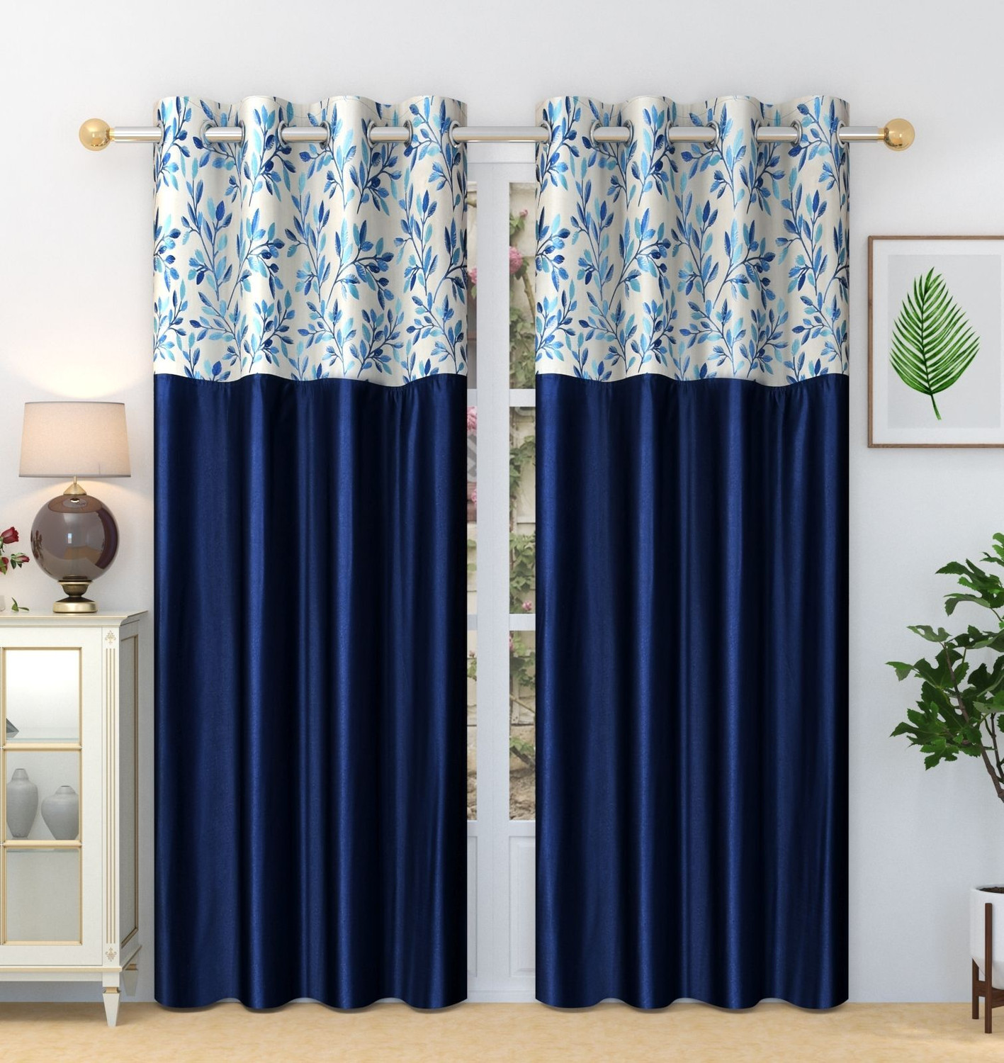 Image of Homefab India 213.36 cm (7 ft) Door Polyester Room Darkening Curtain (Pack Of 2) (Navy, Floral)