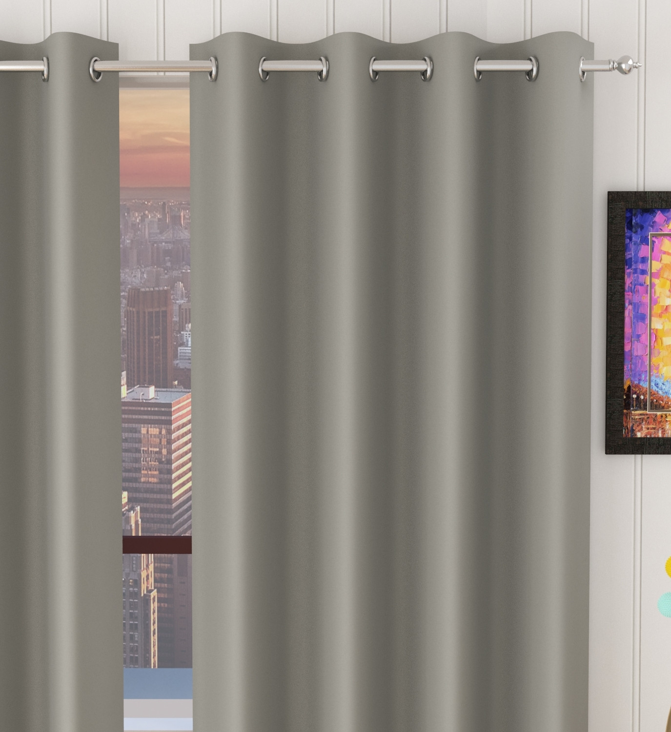 Image of Diara Homes 153 cm (5 ft) Window Silk Blackout Curtain (Pack Of 2) (Grey, Solid)