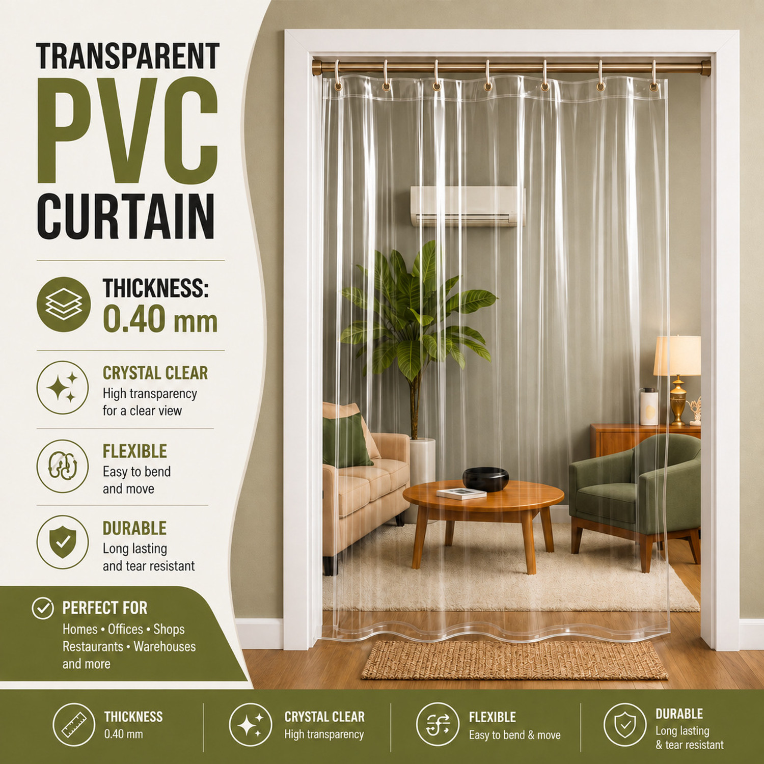 Image of Zyraan Decor 274 cm (9 ft) Long Door PVC Transparent Curtain Single Curtain