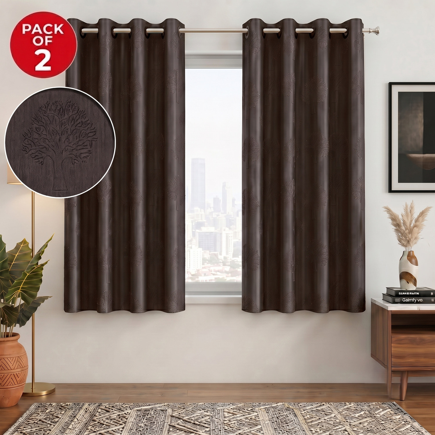 Image of Story@home 152 cm (5 ft) Window Polyester Semi Transparent Curtain (Pack Of 2) (Coffee, Solid)