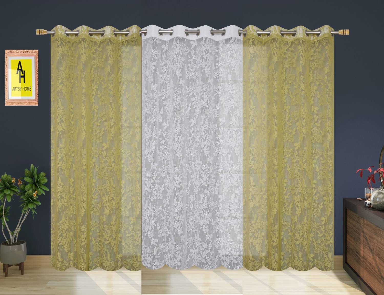 AH ARTSY HOME 275 cm (9 ft) Long Door Tissue, Net Semi Transparent Curtain (Pack Of 3)