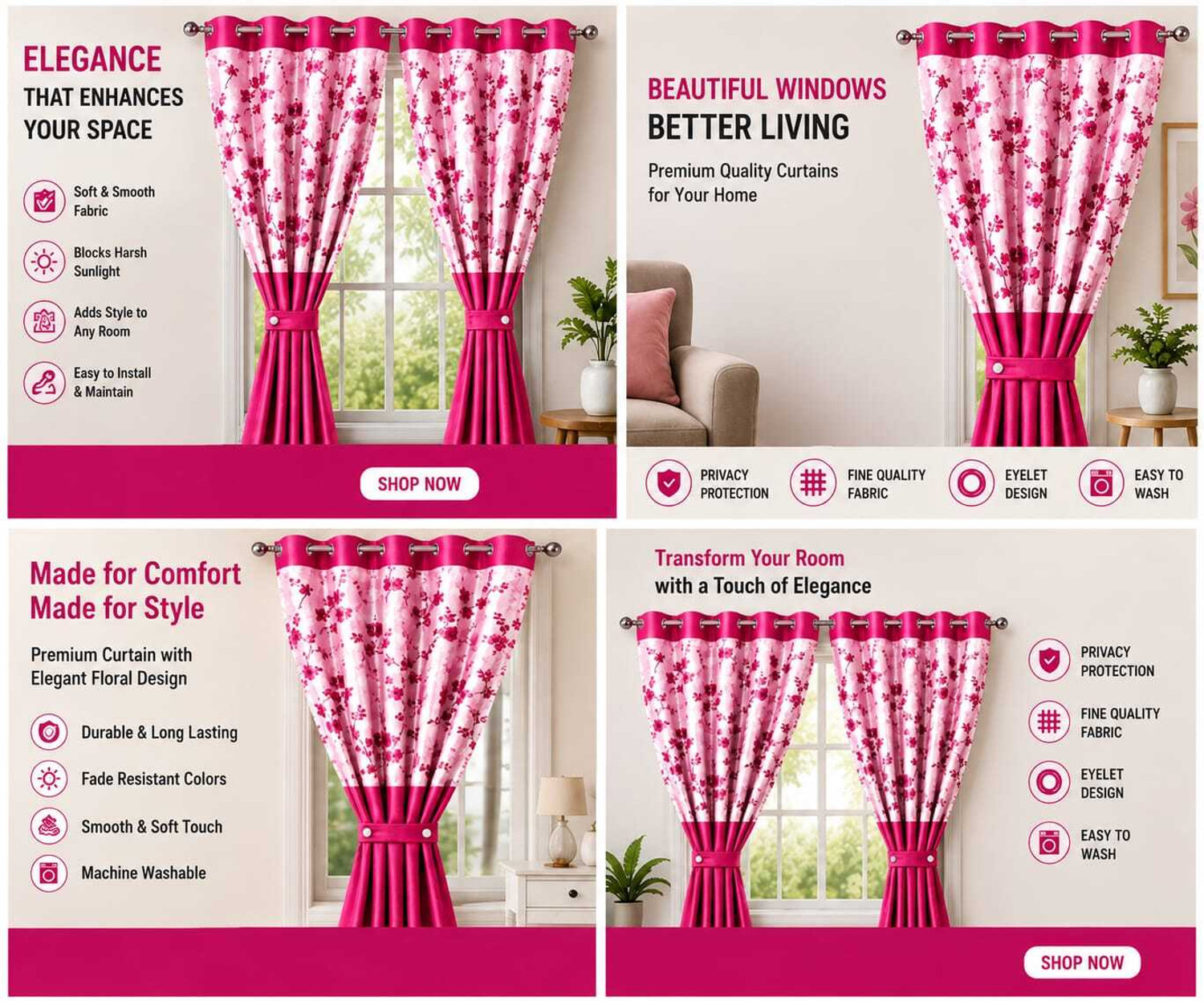 Image of NISHATANSARI 140 cm (5 ft) Window Polyester Semi Transparent Curtain (Pack Of 2) (Pink, Floral)