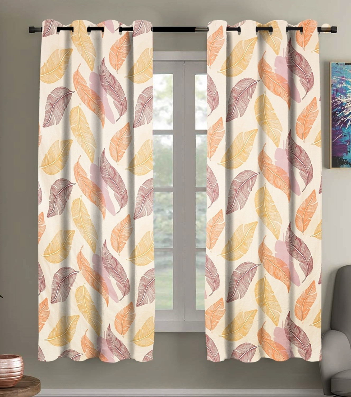 Image of RRC 153 cm (5 ft) Window Polycotton Room Darkening Curtain (Pack Of 2) (Orange, Maroon, Printed)