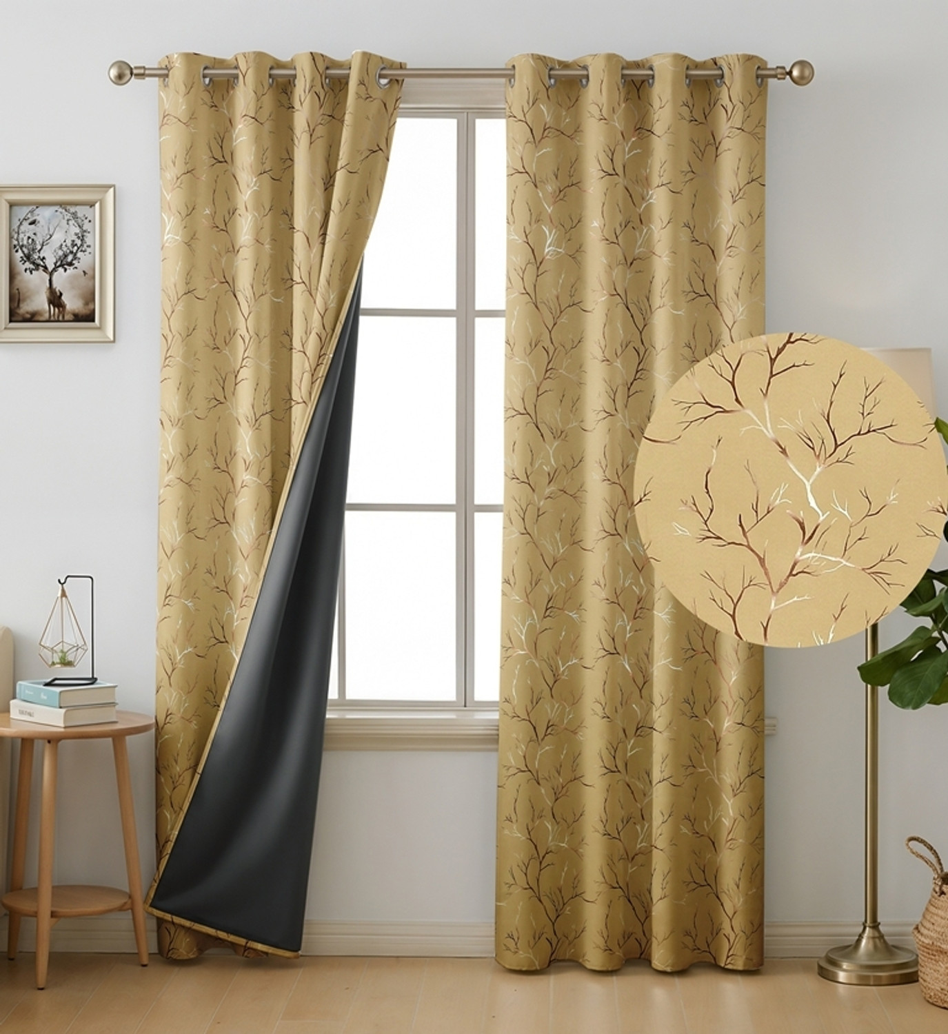 Image of RED RIBBON DECOR 213.36 cm (7 ft) Door Polyester Blackout Curtain (Pack Of 2) (Mellow Gold, Printed)