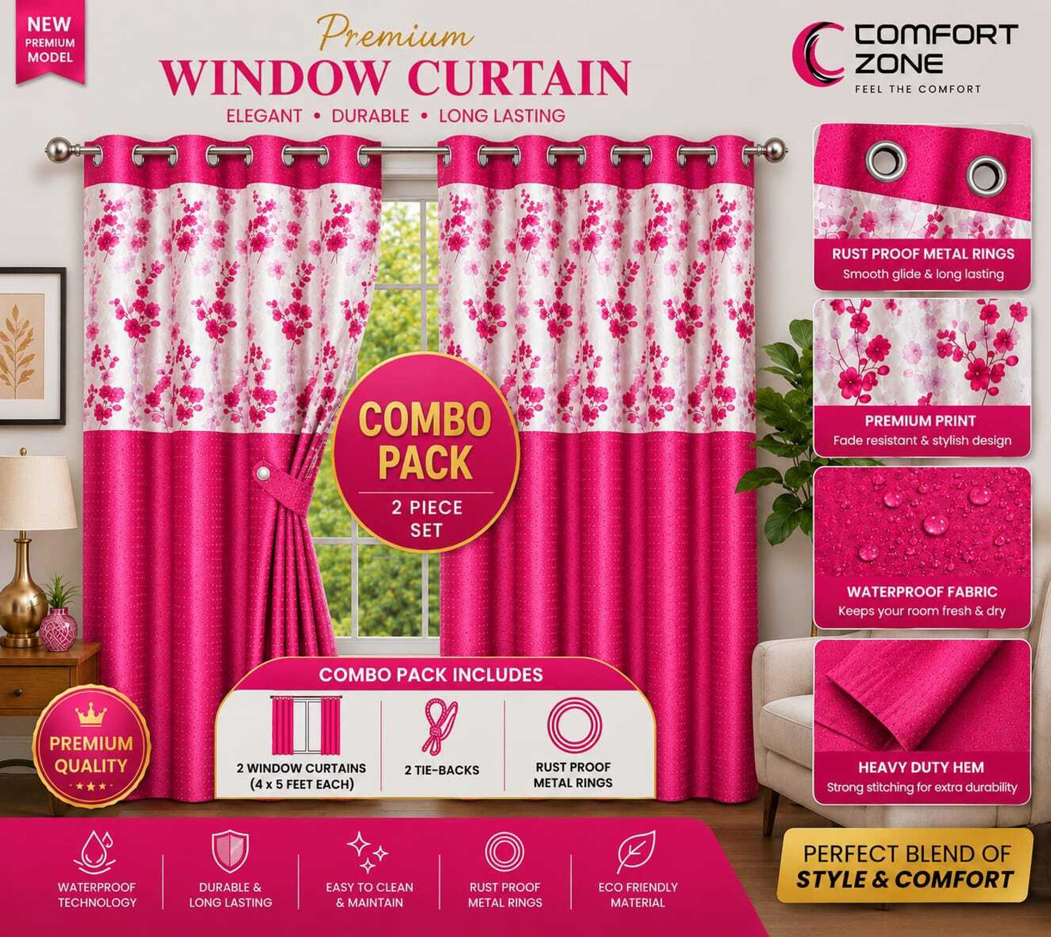 Image of NISHATANSARI 140 cm (5 ft) Window Polyester Semi Transparent Curtain (Pack Of 2) (Pink, Floral)