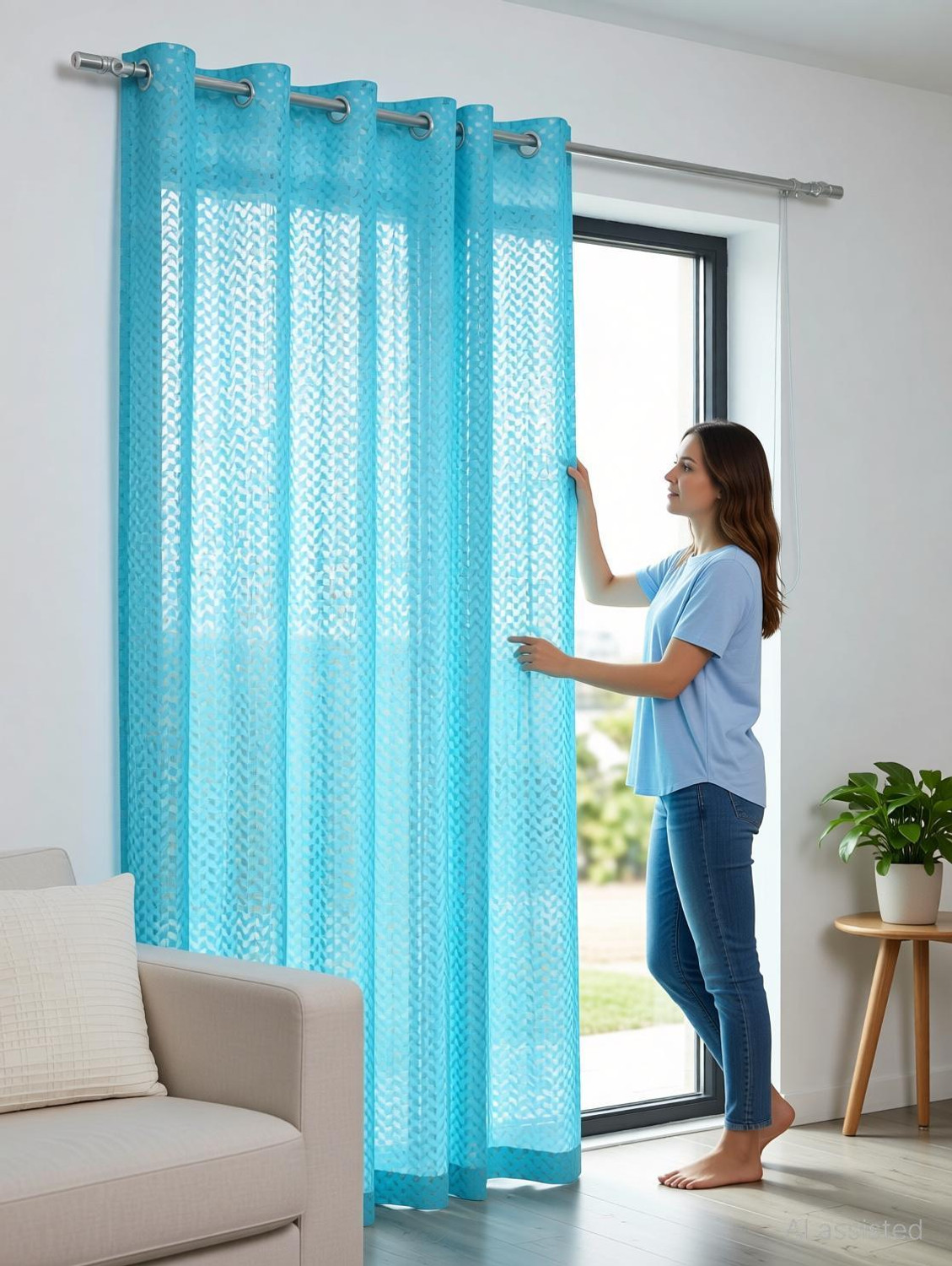 Image of Diara Homes 213 cm (7 ft) Door Net Transparent Curtain (Pack Of 2) (Aqua, Self Design)