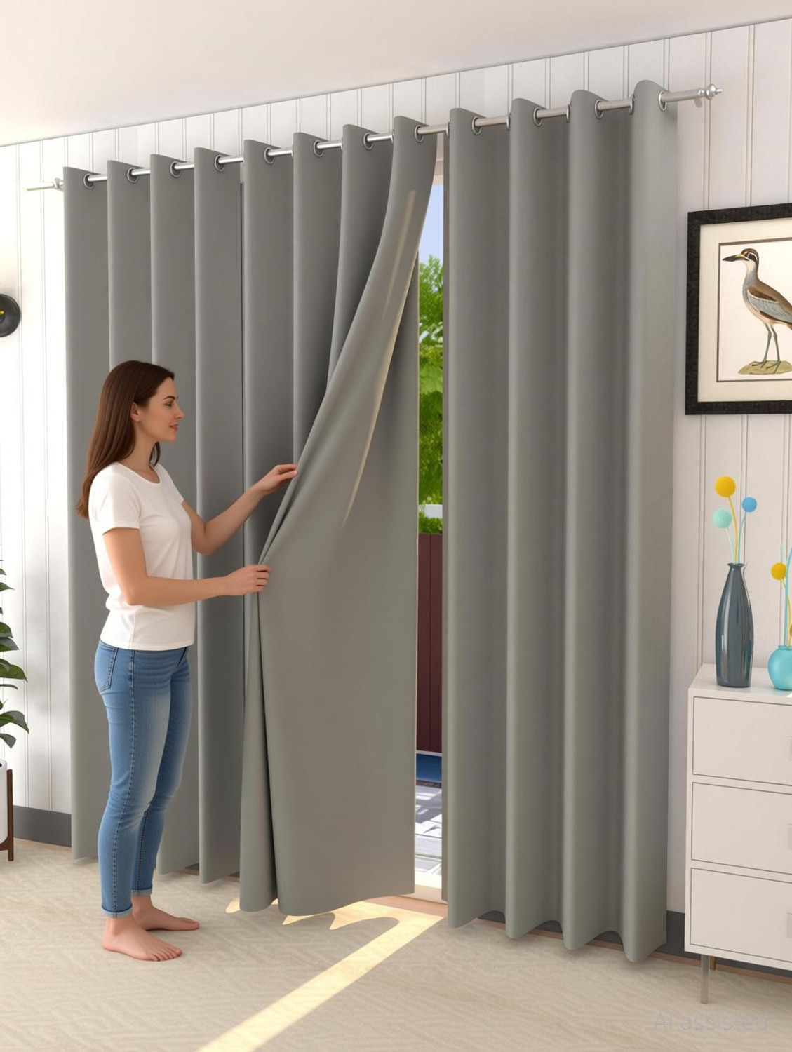 Image of Diara Homes 153 cm (5 ft) Window Silk Blackout Curtain (Pack Of 2) (Grey, Solid)