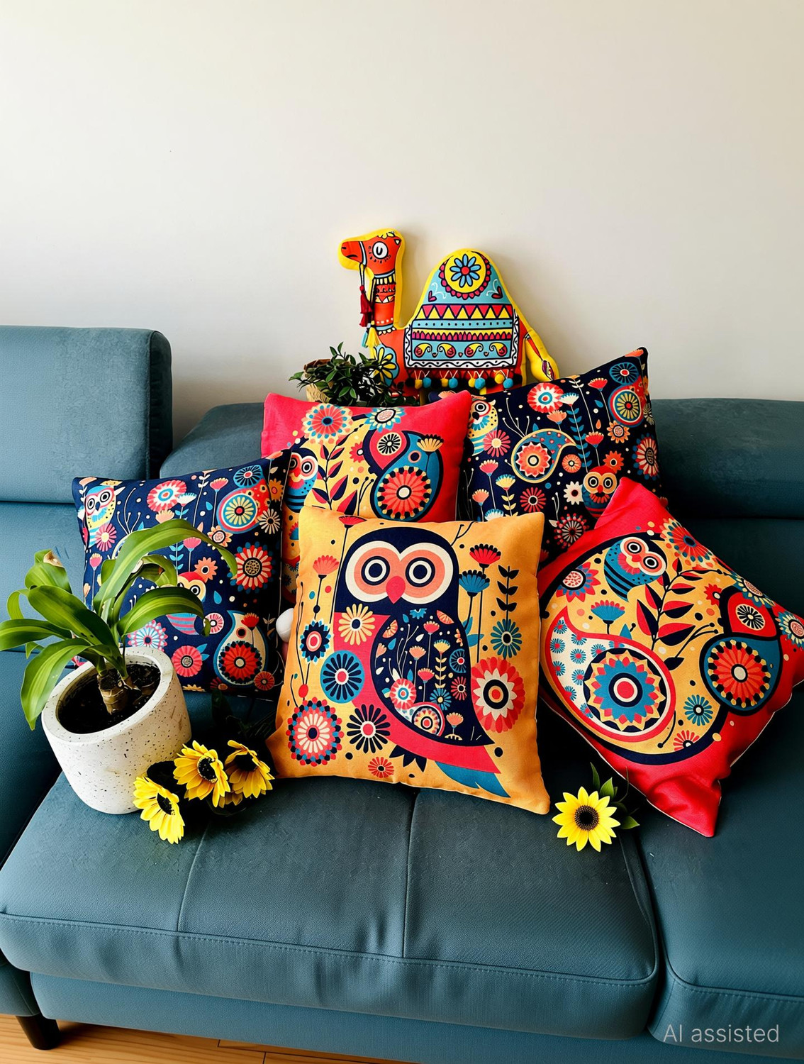 Image of Crosmo Jute Cushions Cover (40 cm*40 cm, Pack of 5, Yellow, Blue, Red)