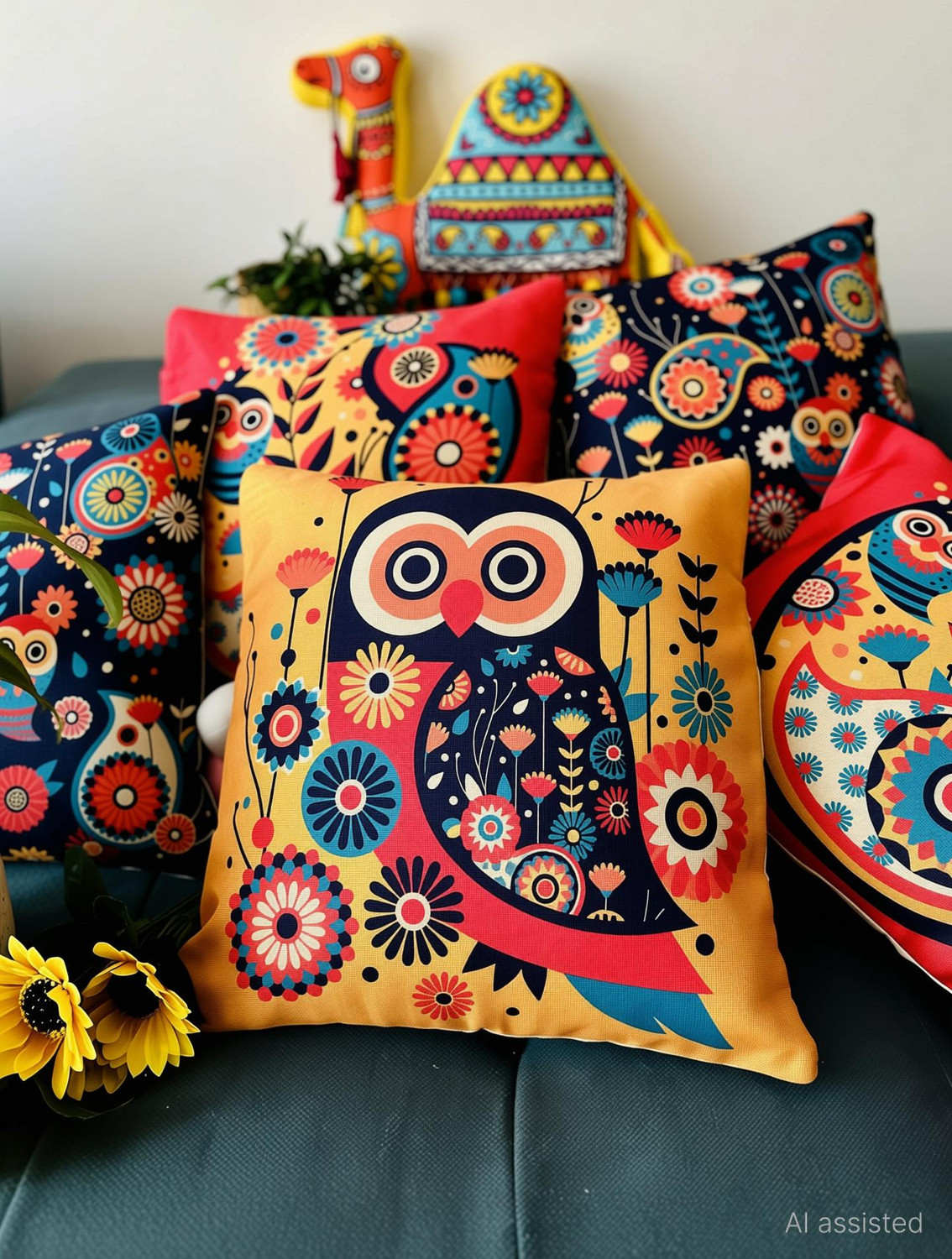 Image of Crosmo Jute Cushions Cover (40 cm*40 cm, Pack of 5, Yellow, Blue, Red)
