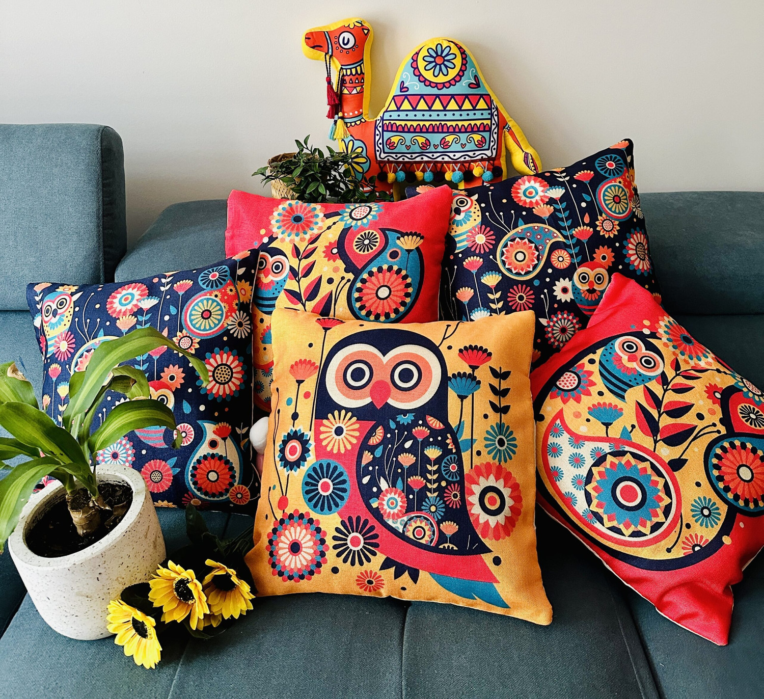 Image of Crosmo Jute Cushions Cover (40 cm*40 cm, Pack of 5, Yellow, Blue, Red)