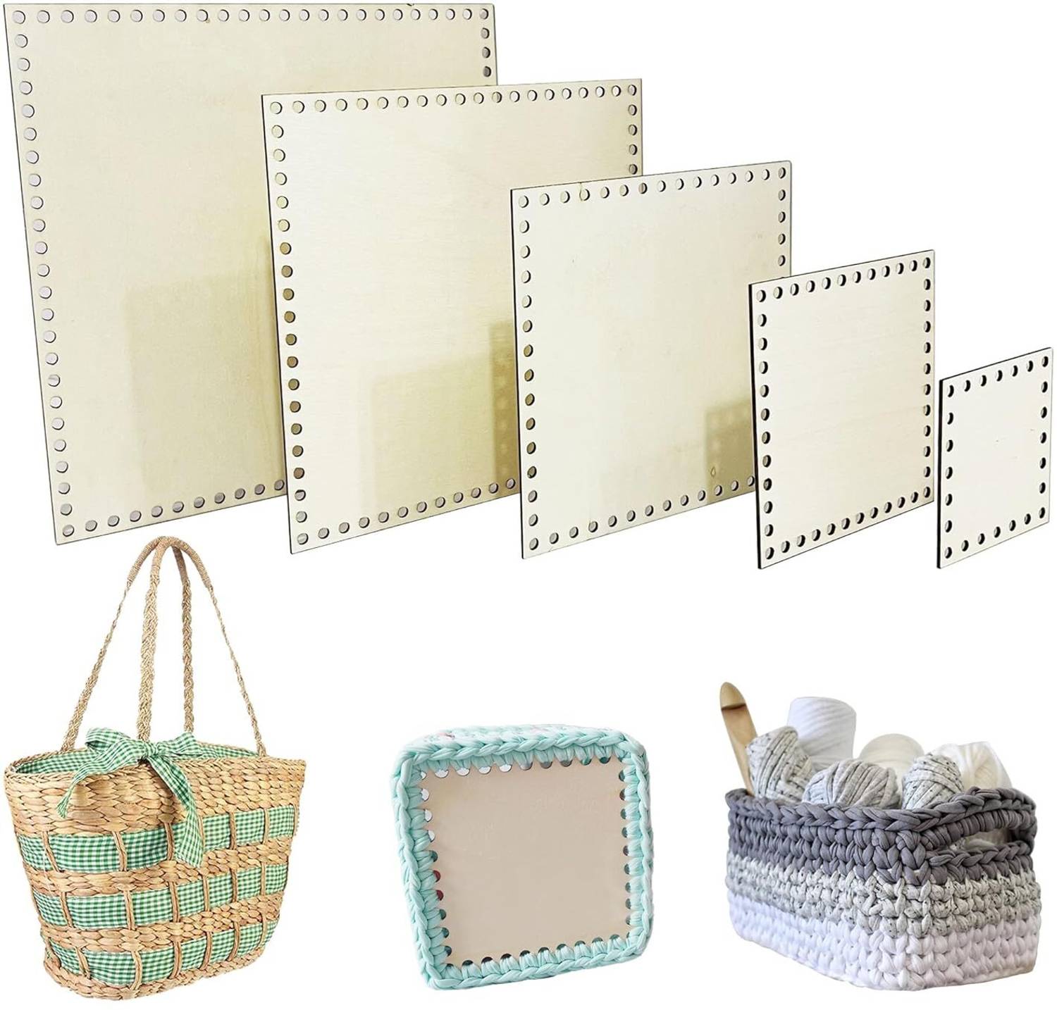 American-Elm 5 PCS Wooden Crochet Bag Bottom, Square Wooden Wooden Cut-outs