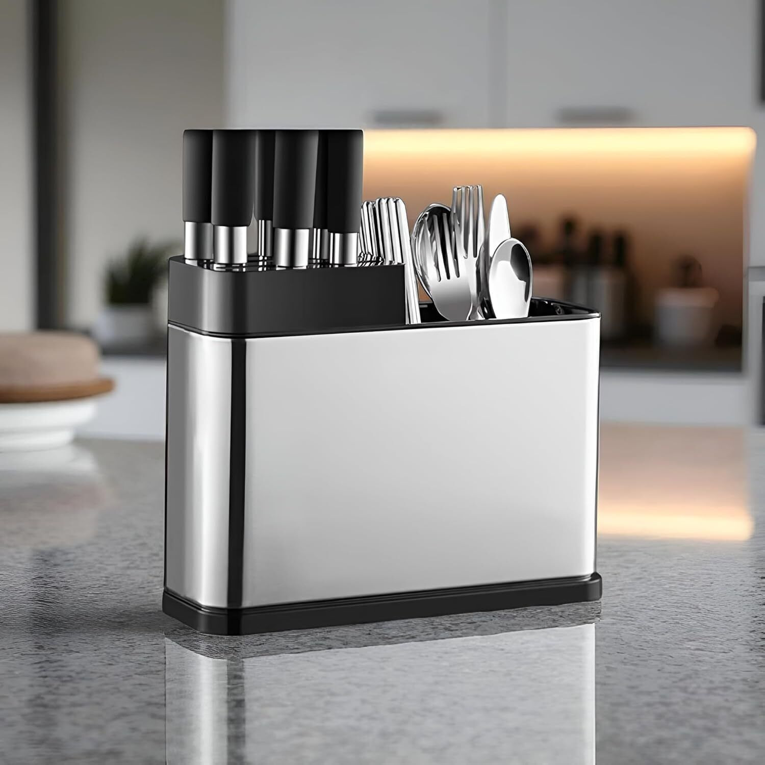 Image of Ipsit Stainless Steel 3-Compartment Knife & Cutlery Holder with Drainage Stainless Steel Cutlery Set