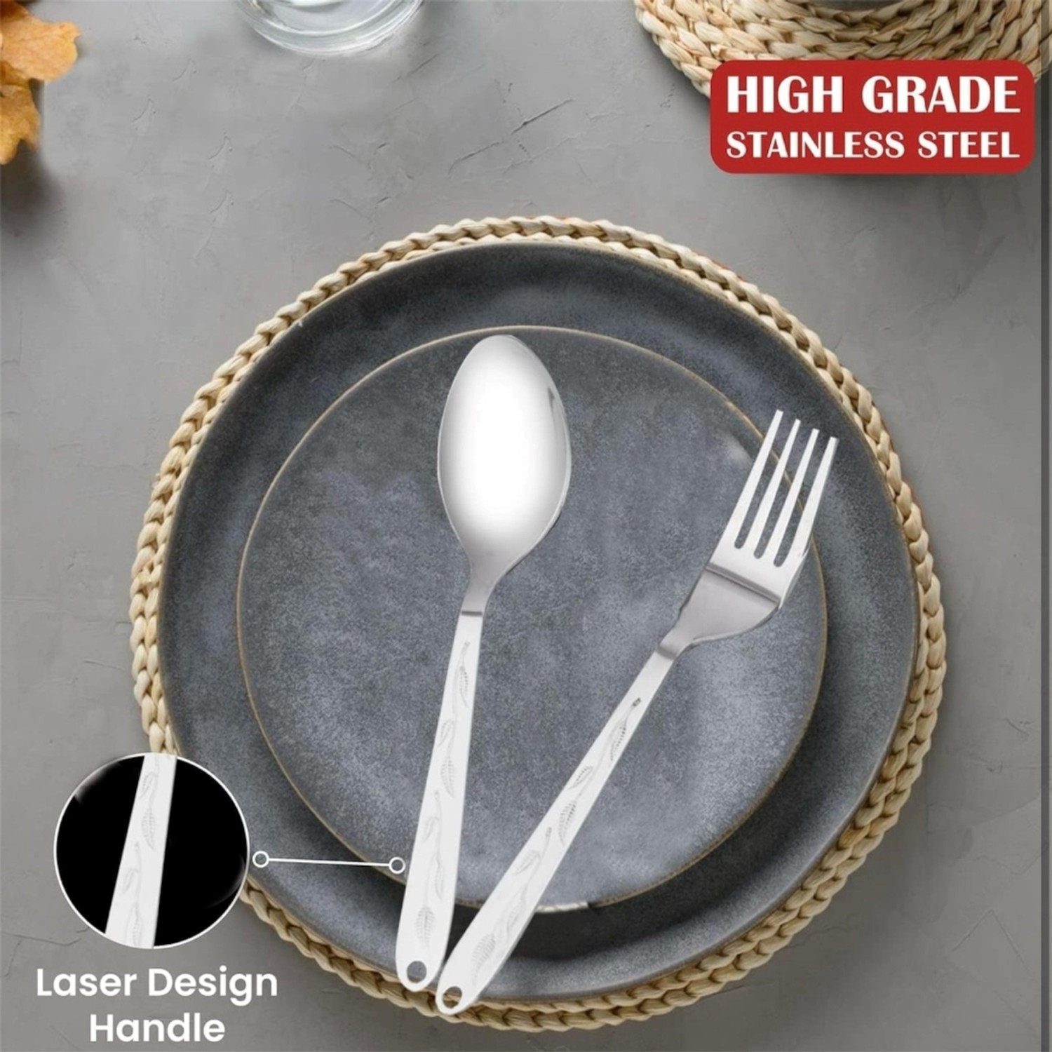 Image of Artha 25 Pcs Laser Printed Cutlery Set 6 Tea,6 Fork ,6 Dessert,6 Soup Spoons, 1 Stand Stainless Steel Cutlery Set