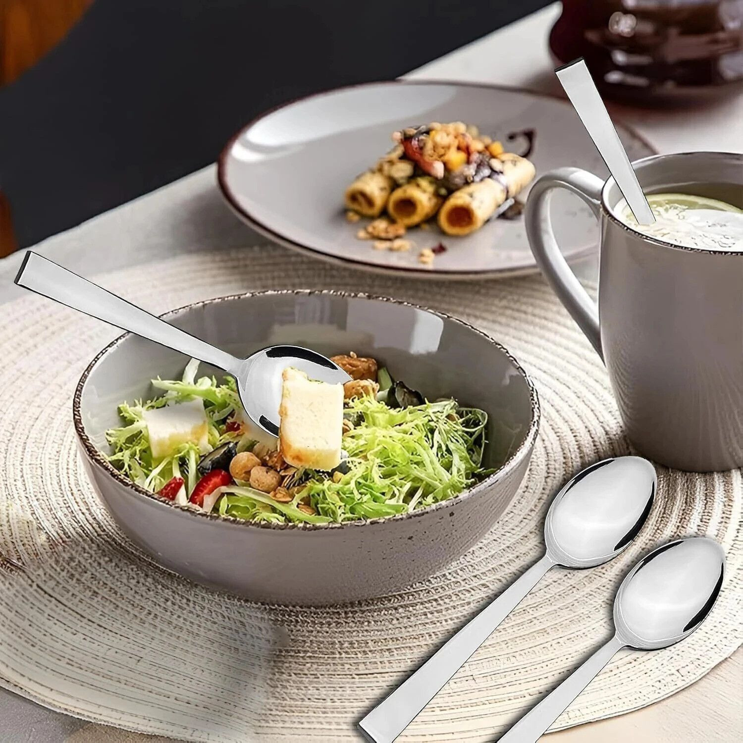 Image of VIJAY EXPORT Stainless Steel Table Spoon & Fork for Tea, Coffee, Sugar, Condiments & Spices - Set of 12 (Contains 6 Table Spoons, 6 Forks) Steel Cutlery Set