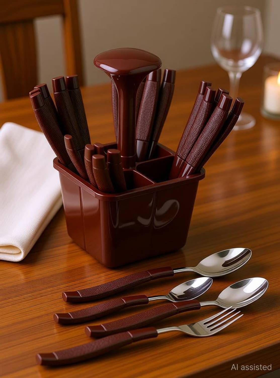 ALL IN ONE Brown Super Premium Cutlery Set for Dining Table stainless steel 24 Piece Plastic, Stainless Steel Cutlery Set