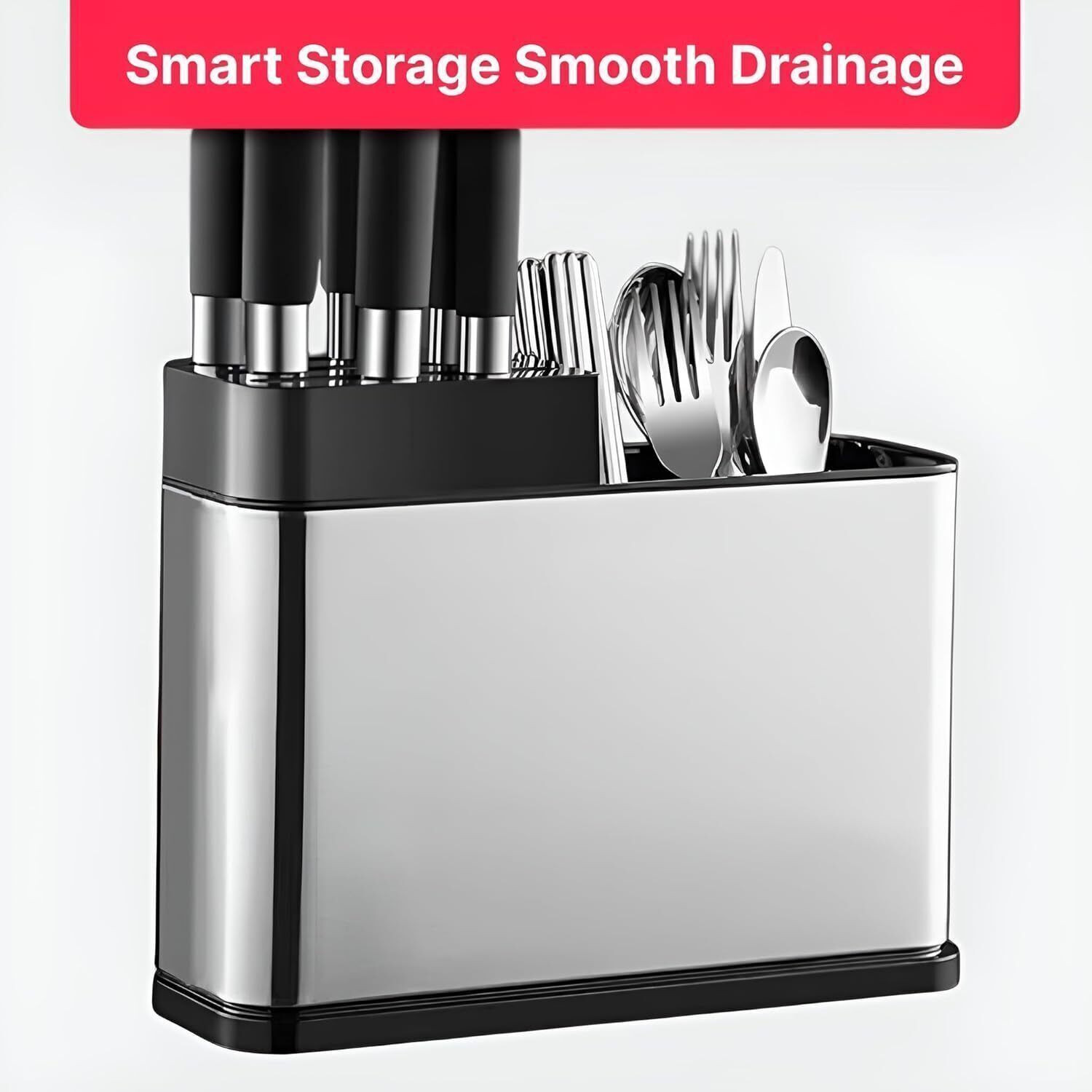 Image of Ipsit Stainless Steel 3-Compartment Knife & Cutlery Holder with Drainage Stainless Steel Cutlery Set
