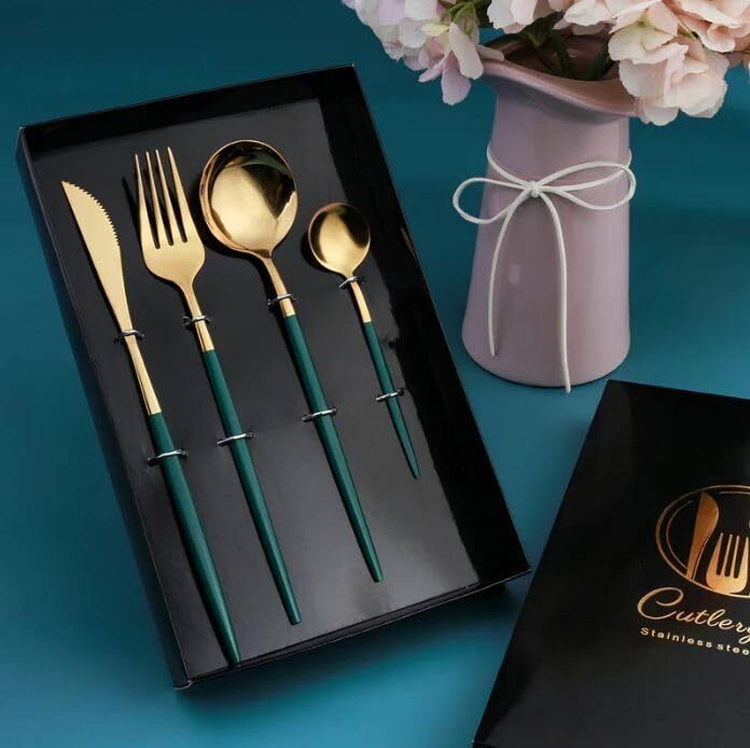 AK10ZONE Stainless Steel Gold Cutlery Reusable Nordic Gold Cutlery Flatware Cutlery Set Disposable Stainless Steel Cutlery Set