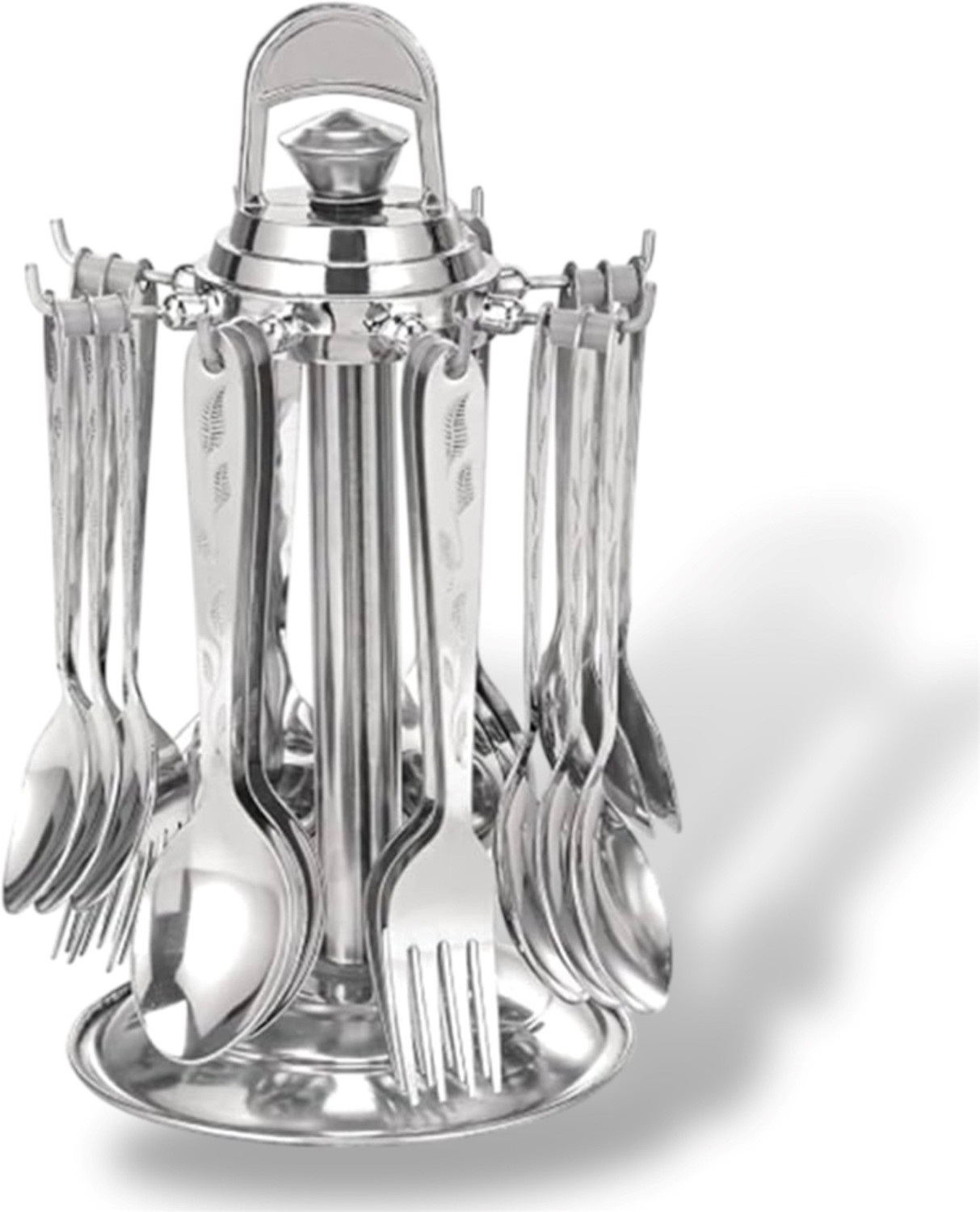 Image of Artha 25 Pcs Laser Printed Cutlery Set 6 Tea,6 Fork ,6 Dessert,6 Soup Spoons, 1 Stand Stainless Steel Cutlery Set
