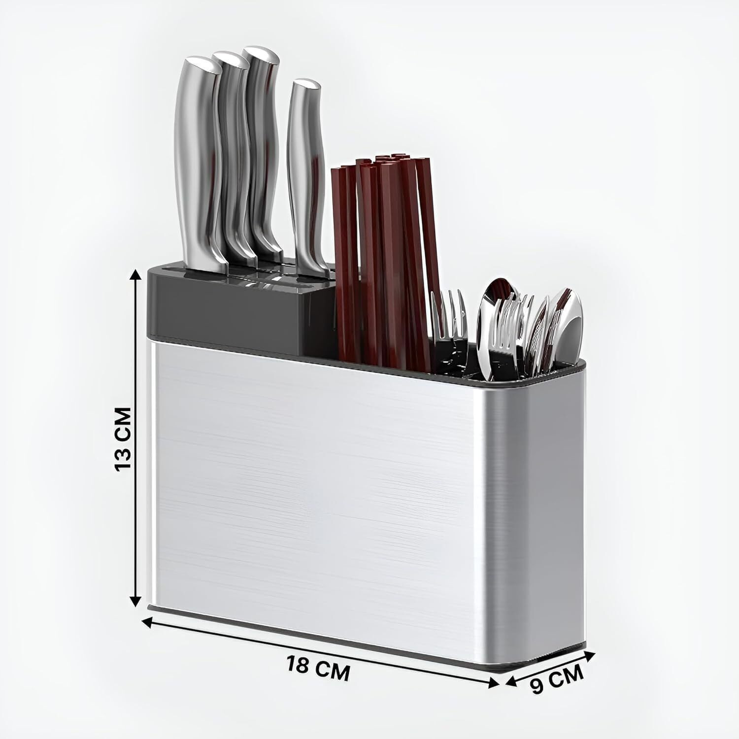 Image of Ipsit Stainless Steel 3-Compartment Knife & Cutlery Holder with Drainage Stainless Steel Cutlery Set