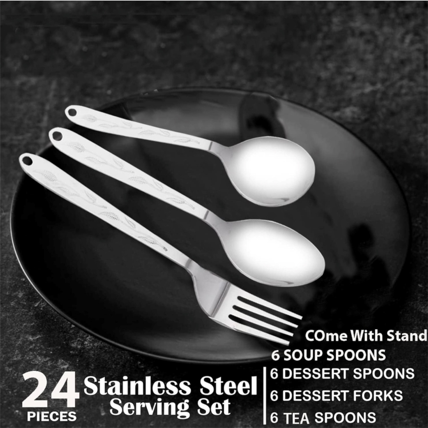 Image of Artha 25 Pcs Laser Printed Cutlery Set 6 Tea,6 Fork ,6 Dessert,6 Soup Spoons, 1 Stand Stainless Steel Cutlery Set