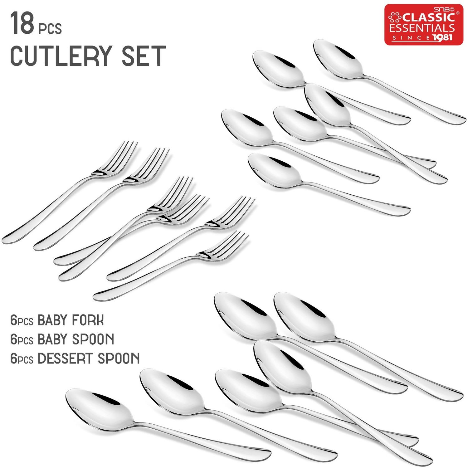 Image of Classic Essentials Regency Cutlery Set of 18 Stainless Steel Cutlery Set Stainless Steel Cutlery Set (Pack of 18)