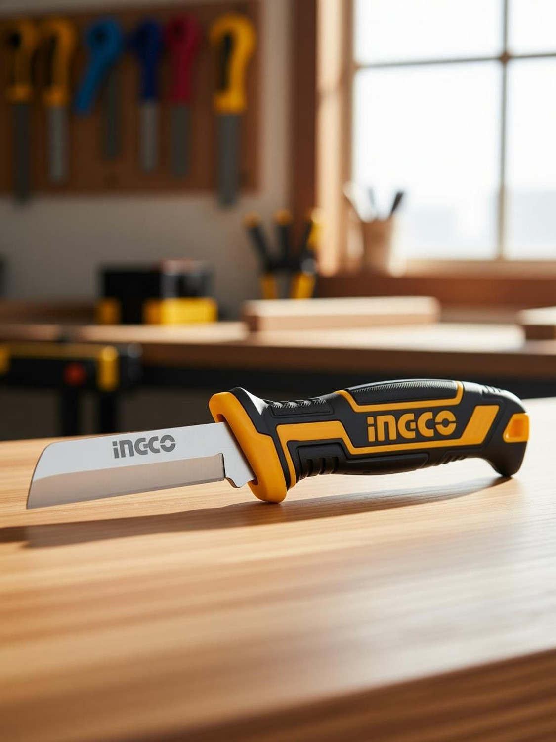 Image of INGCO Cable Stripping Knife with Plastic Protective Cover 3mm Thk Blade Length 200mm MULTIPURPOSE Knife HPK82101 Wire Cutter