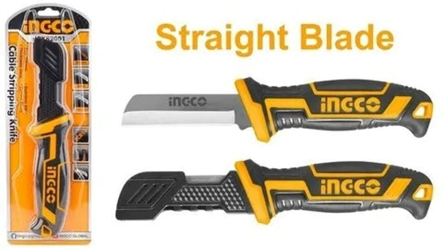 Image of INGCO Cable Stripping Knife with Plastic Protective Cover 3mm Thk Blade Length 200mm MULTIPURPOSE Knife HPK82101 Wire Cutter