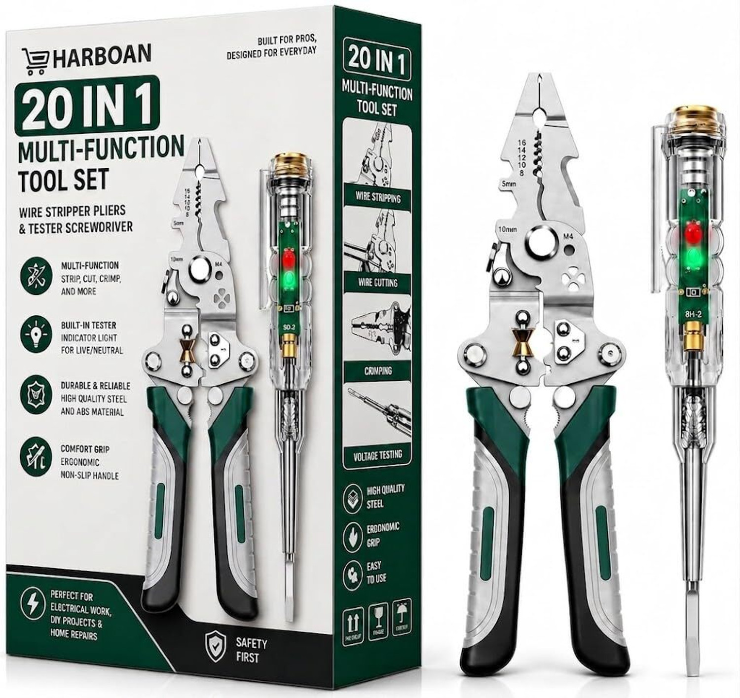 Image of Harboan 20-in-1 Wire Stripper Tool Kit with Tester Screwdriver | Multi Function Wire Wire Cutter, Wire Crimper, Cable Stripper, Wiring Tools Multi-Function Hand Tool Wire Cutter