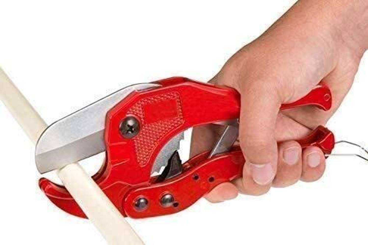 atozshop11 Plumber tools isolated. Closeup of a red PVC pipe cutter 42 mm Pipe Cut PVC Pipe Cutter 42 mm Efficiently Cuts PVC and Rubber Pipe Cutter