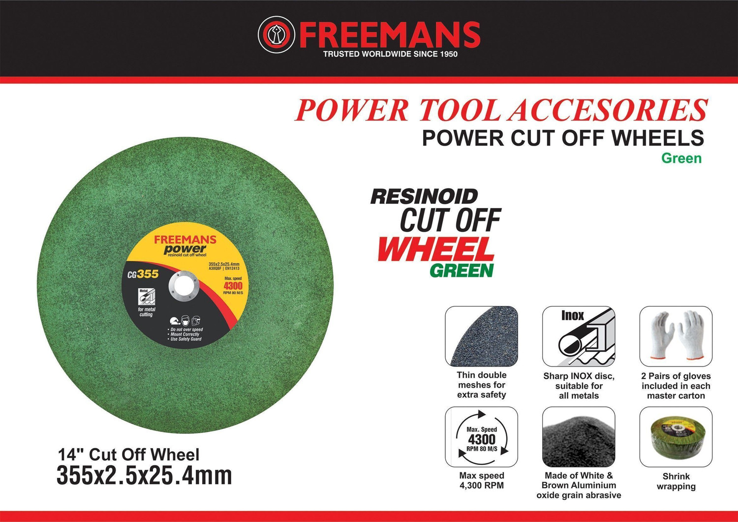 Image of FREEMANS CG355 Power Green Cut Off Wheels 14-Inch (Set of 5 Pieces) Metal Cutter