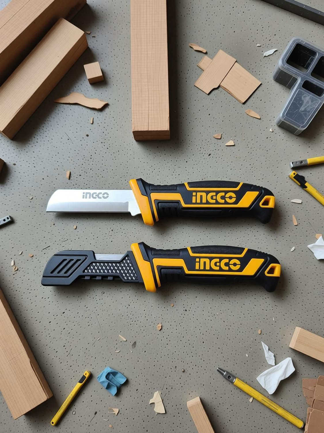 Image of INGCO Cable Stripping Knife with Plastic Protective Cover 3mm Thk Blade Length 200mm MULTIPURPOSE Knife HPK82101 Wire Cutter