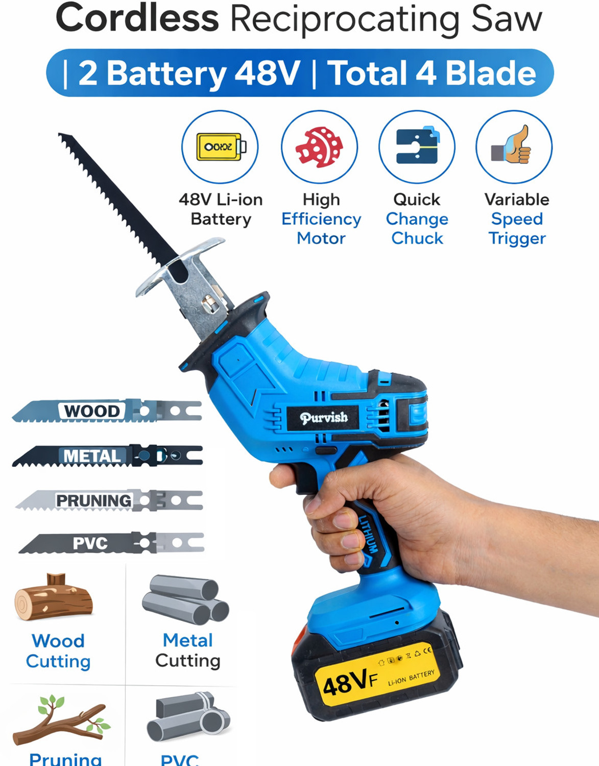 Image of purvish Cordless Reciprocating Saw | Cordless Jig Saw | 3000 RPM | With Blade for Renovation, Farming, Metal Cutter, Plastic Cutting and Wood Cutter