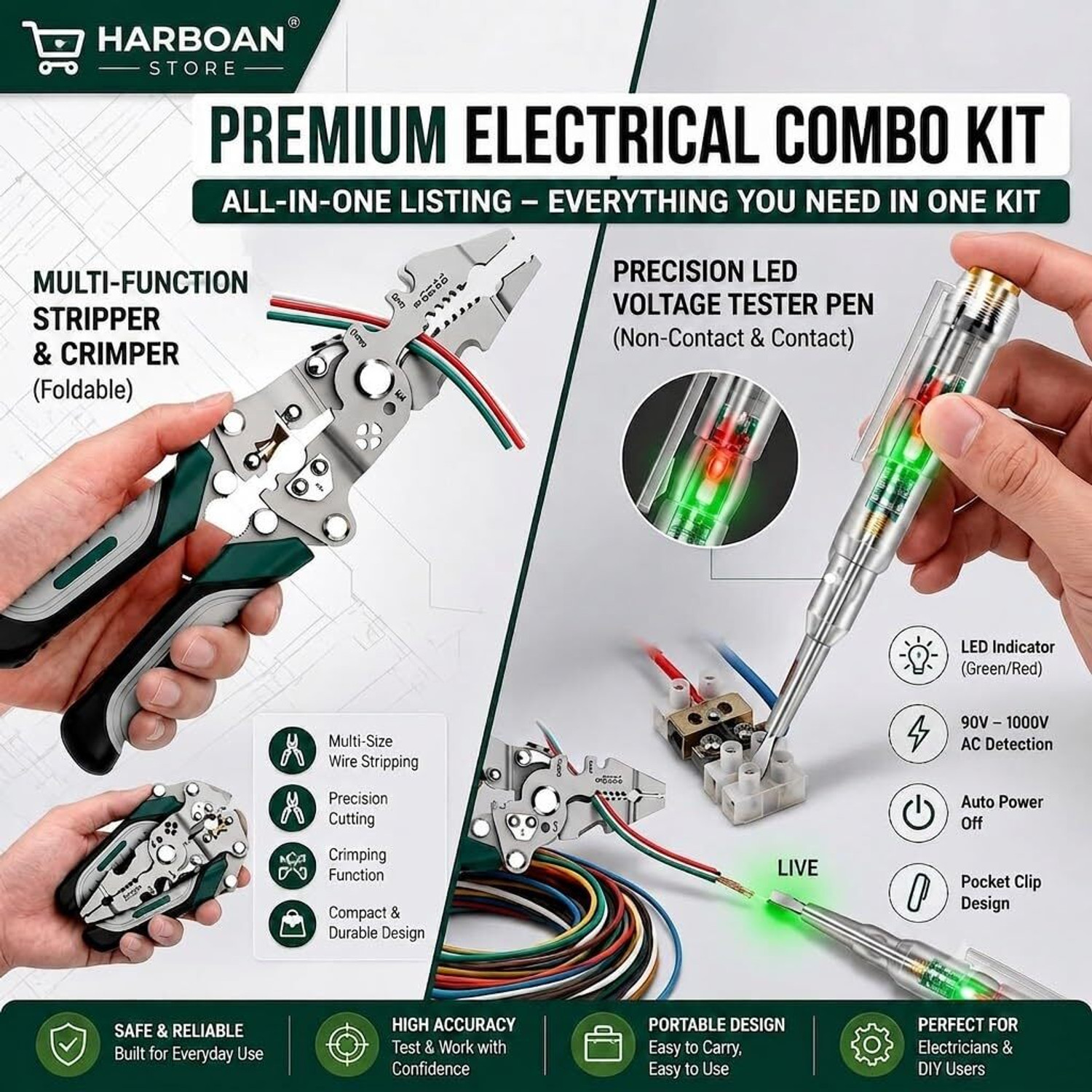 Image of Harboan 20-in-1 Wire Stripper Tool Kit with Tester Screwdriver | Multi Function Wire Wire Cutter, Wire Crimper, Cable Stripper, Wiring Tools Multi-Function Hand Tool Wire Cutter