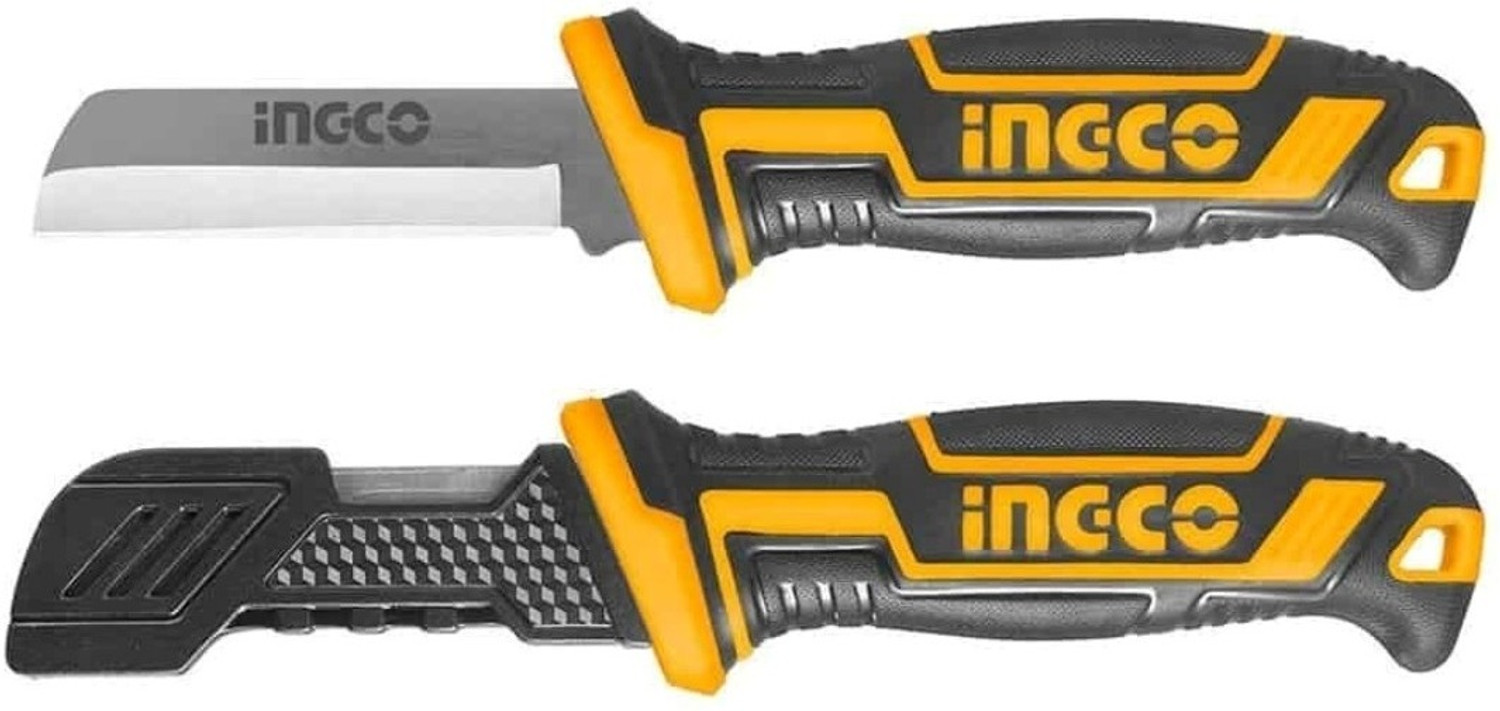 Image of INGCO Cable Stripping Knife with Plastic Protective Cover 3mm Thk Blade Length 200mm MULTIPURPOSE Knife HPK82101 Wire Cutter