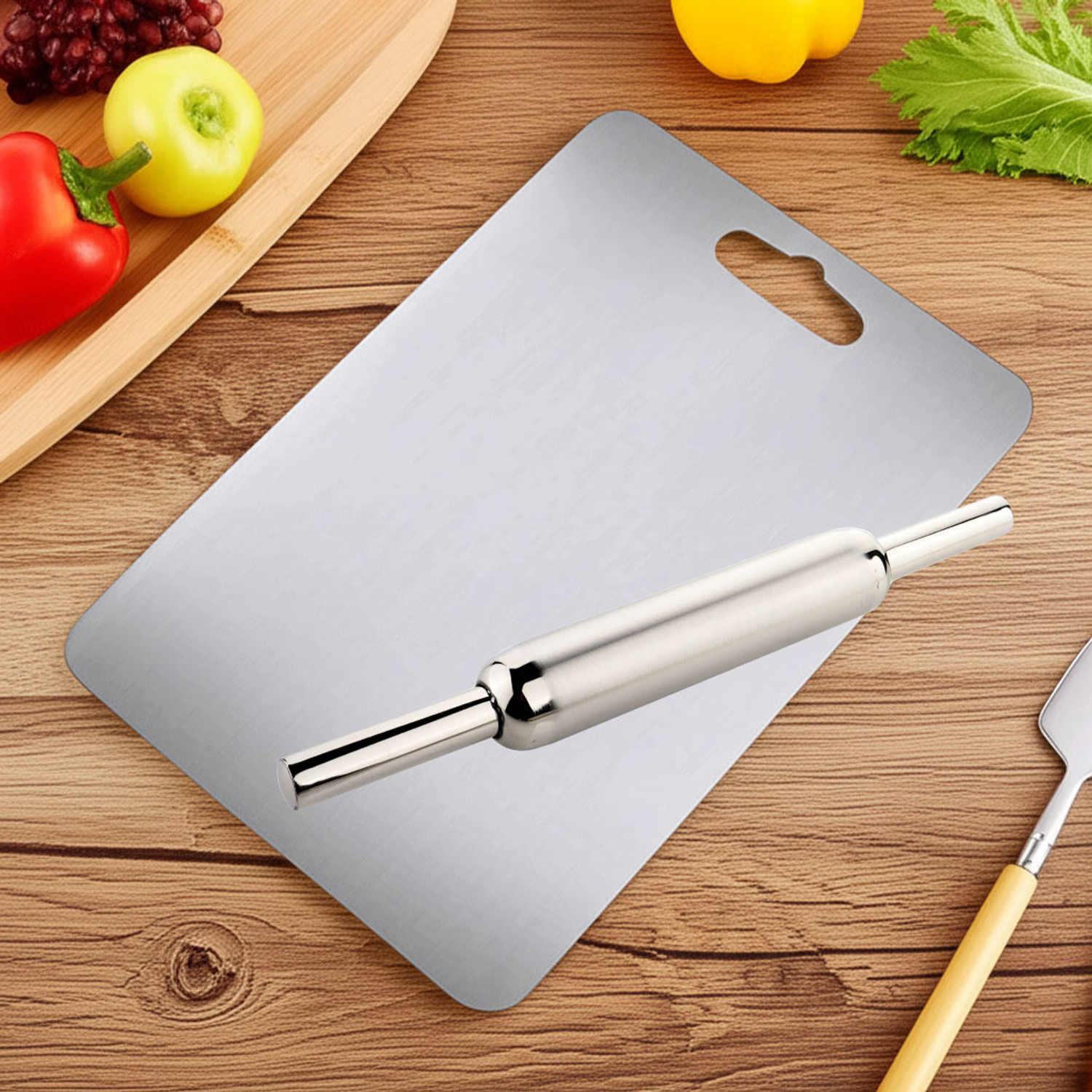 Image of METSTIK Small Stainless Steel Chopping Cutting Pad With Rolling Pin For Kitchen 21X31 Cm Stainless Steel Cutting Board
